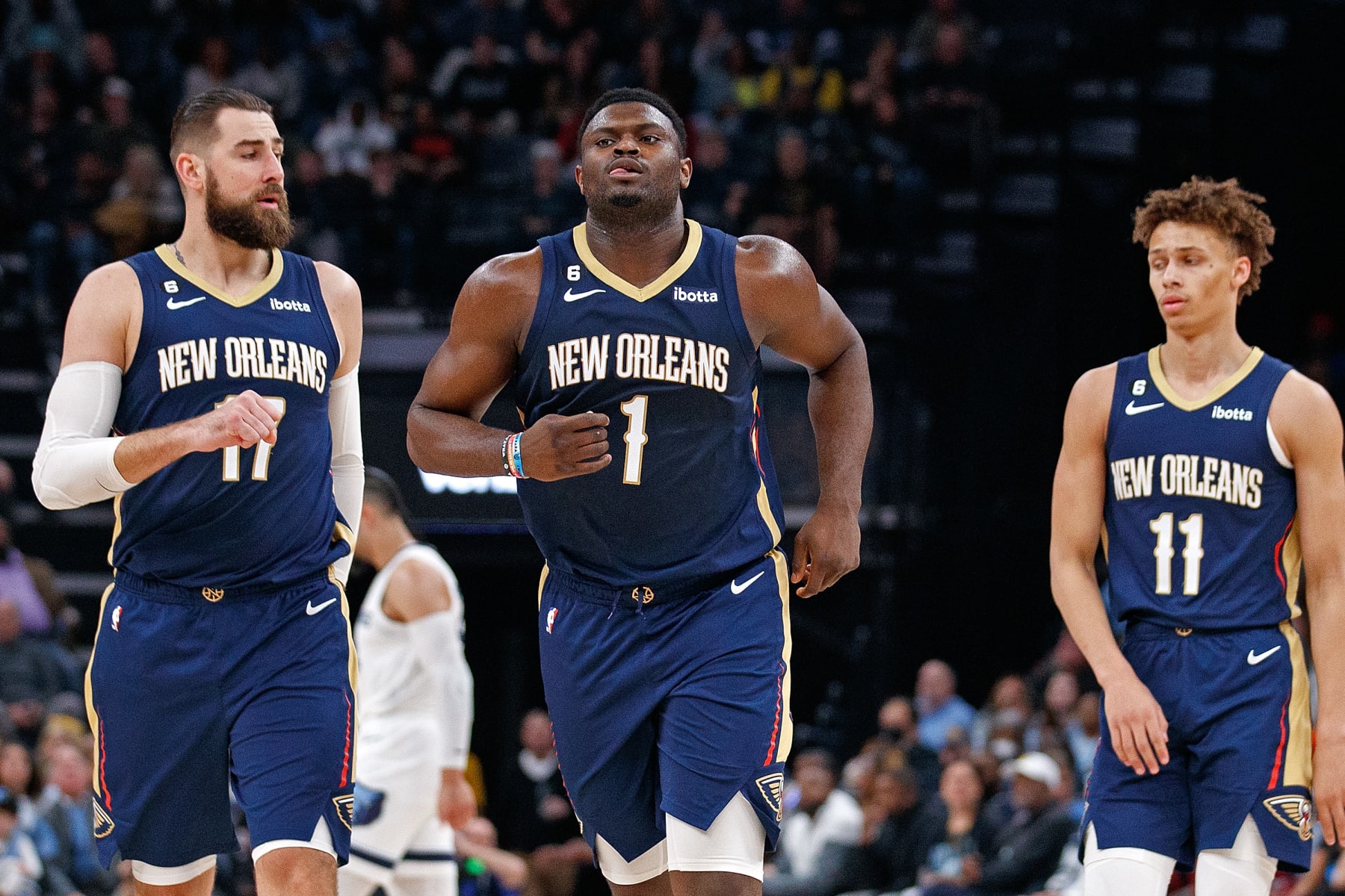 MEMPHIS, TENNESSEE - DECEMBER 31: Zion Williamson #1 of the New Orleans Pelicans during the first half  against the Memphis Grizzlies at FedExForum on December 31, 2022 in Memphis, Tennessee. NOTE TO USER: User expressly acknowledges and agrees that, by downloading and or using this photograph, User is consenting to the terms and conditions of the Getty Images License Agreement. (Photo by Justin Ford/Getty Images)
