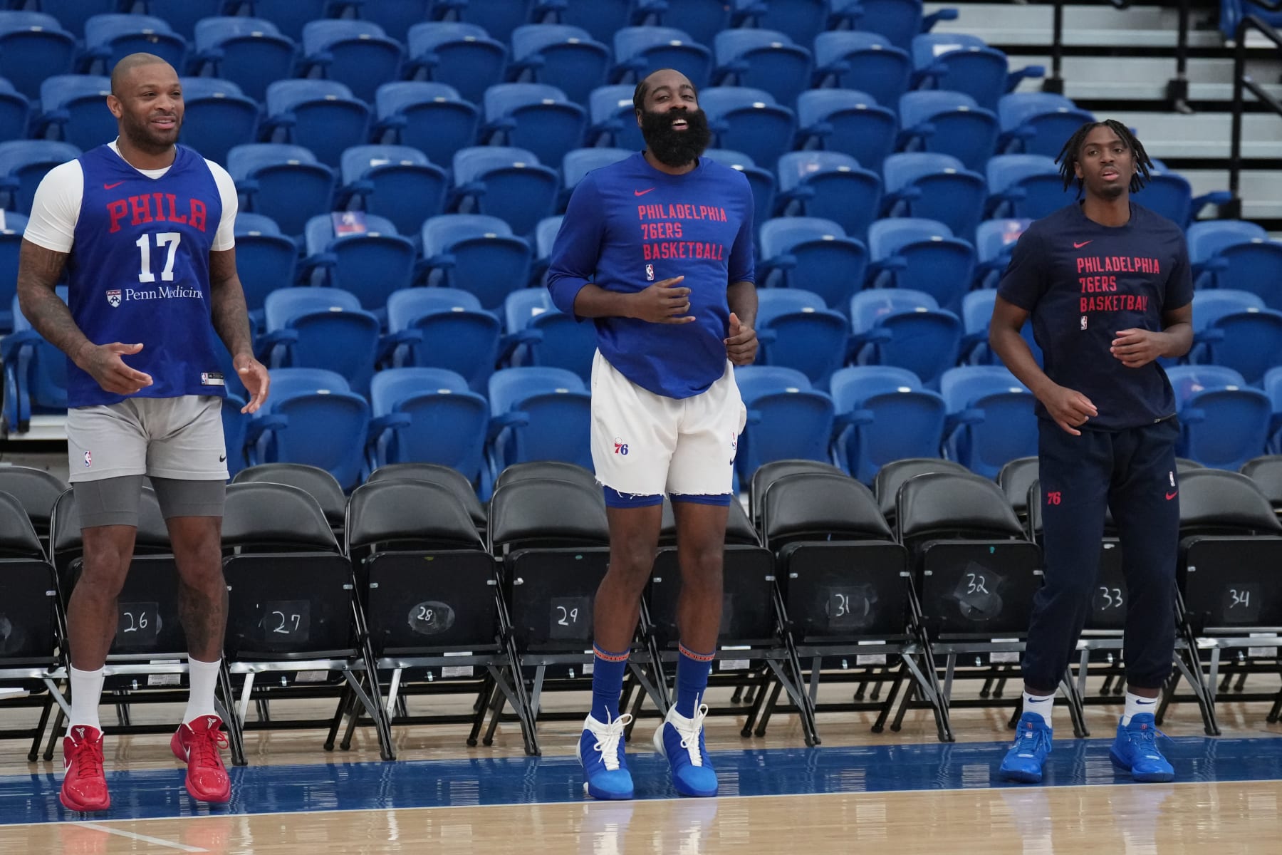 WILMINGTON, DE - OCTOBER 14: P.J. Tucker#17 James Harden #1 and Tyrese Maxey #0 of the Philadelphia 76ers during an open scrimmage on October 14, 2023 at Chase Fieldhouse in Wilmington, Delaware. NOTE TO USER: User expressly acknowledges and agrees that, by downloading and/or using this Photograph, user is consenting to the terms and conditions of the Getty Images License Agreement. Mandatory Copyright Notice: Copyright 2023 NBAE (Photo by Jesse D. Garrabrant/NBAE via Getty Images)
