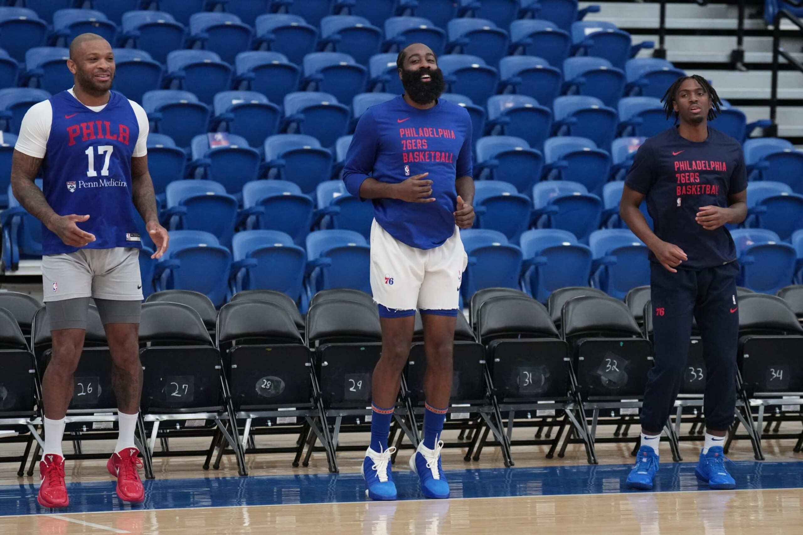 WILMINGTON, DE - OCTOBER 14: P.J. Tucker#17 James Harden #1 and Tyrese Maxey #0 of the Philadelphia 76ers during an open scrimmage on October 14, 2023 at Chase Fieldhouse in Wilmington, Delaware. NOTE TO USER: User expressly acknowledges and agrees that, by downloading and/or using this Photograph, user is consenting to the terms and conditions of the Getty Images License Agreement. Mandatory Copyright Notice: Copyright 2023 NBAE (Photo by Jesse D. Garrabrant/NBAE via Getty Images) WILMINGTON, DE - OCTOBER 14: P.J. Tucker#17 James Harden #1 and Tyrese Maxey #0 of the Philadelphia 76ers during an open scrimmage on October 14, 2023 at Chase Fieldhouse in Wilmington, Delaware. NOTE TO USER: User expressly acknowledges and agrees that, by downloading and/or using this Photograph, user is consenting to the terms and conditions of the Getty Images License Agreement. Mandatory Copyright Notice: Copyright 2023 NBAE (Photo by Jesse D. Garrabrant/NBAE via Getty Images)