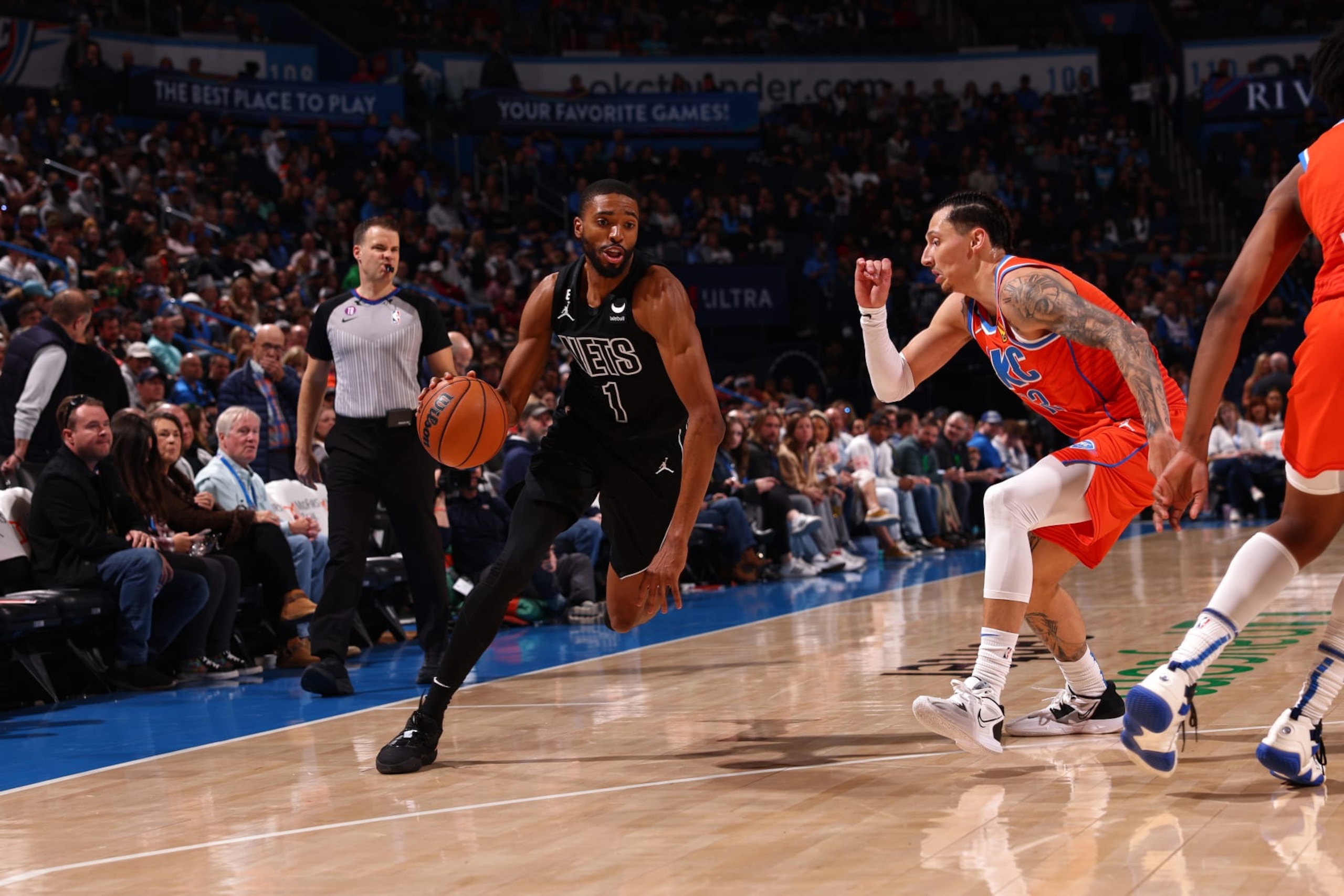 OKLAHOMA CITY, OK - MARCH 14: Mikal Bridges #1 of the Brooklyn Nets dribbles the ball during the game against the Oklahoma City Thunder on March 14, 2023 at Paycom Arena in Oklahoma City, Oklahoma. NOTE TO USER: User expressly acknowledges and agrees that, by downloading and or using this photograph, User is consenting to the terms and conditions of the Getty Images License Agreement. Mandatory Copyright Notice: Copyright 2023 NBAE (Photo by Zach Beeker/NBAE via Getty Images) OKLAHOMA CITY, OK - MARCH 14: Mikal Bridges #1 of the Brooklyn Nets dribbles the ball during the game against the Oklahoma City Thunder on March 14, 2023 at Paycom Arena in Oklahoma City, Oklahoma. NOTE TO USER: User expressly acknowledges and agrees that, by downloading and or using this photograph, User is consenting to the terms and conditions of the Getty Images License Agreement. Mandatory Copyright Notice: Copyright 2023 NBAE (Photo by Zach Beeker/NBAE via Getty Images)