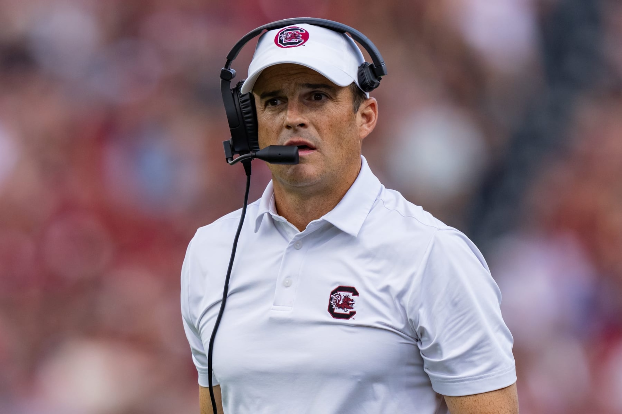 COLUMBIA, SOUTH CAROLINA - OCTOBER 14: Head coach Shane Beamer of the South Carolina Gamecocks looks on against the Florida Gators during their game at Williams-Brice Stadium on October 14, 2023 in Columbia, South Carolina. (Photo by Jacob Kupferman/Getty Images)