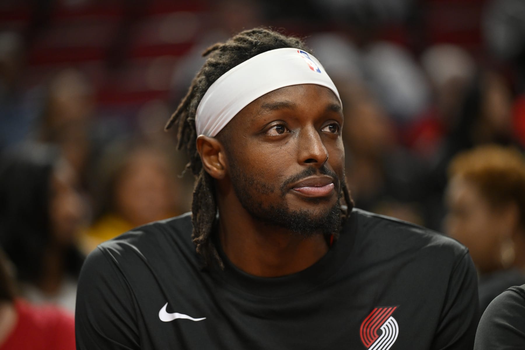 PORTLAND, OREGON - OCTOBER 10: Jerami Grant #9 of the Portland Trail Blazers looks on during the fourth quarter of the exhibition game against the New Zealand Breakers at Moda Center on October 10, 2023 in Portland, Oregon. The Portland Trail Blazers won 106-66. NOTE TO USER: User expressly acknowledges and agrees that, by downloading and or using this Photograph, user is consenting to the terms and conditions of the Getty Images License Agreement.  (Photo by Alika Jenner/Getty Images)