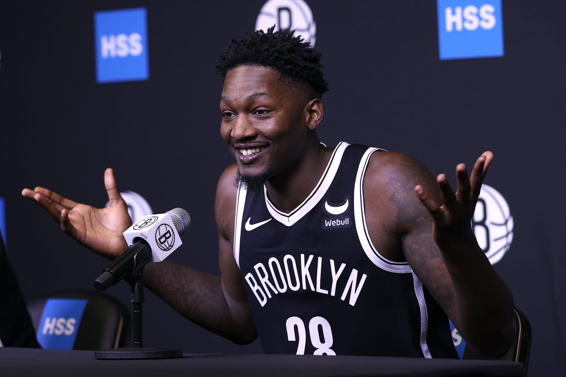 NEW YORK, NEW YORK - OCTOBER 02: Dorian Finney-Smith #28 speaks to the media during Brooklyn Nets Media Day at HSS Training Center on October 02, 2023 in New York City. NOTE TO USER: User expressly acknowledges and agrees that, by downloading and or using this photograph, User is consenting to the terms and conditions of the Getty Images License Agreement. (Photo by Mike Lawrie/Getty Images)