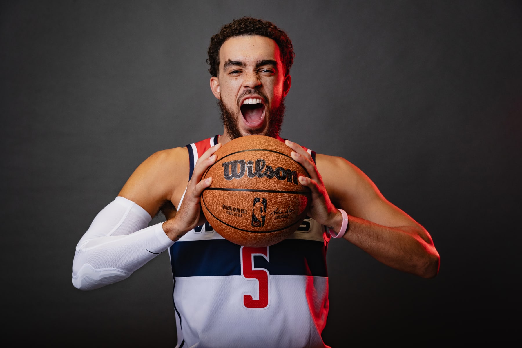 WASHINGTON, D.C - OCTOBER 02: Tyus Jones #5  of the Washington Wizards poses for a portrait during 2023-24 NBA Media Day on October 2, 2023 at Entertainment & Sports Arena in Washington, D.C. NOTE TO USER: User expressly acknowledges and agrees that, by downloading and or using this Photograph, user is consenting to the terms and conditions of the Getty Images License Agreement. Mandatory Copyright Notice: Copyright 2023 NBAE (Photo by Kenny Giarla/NBAE via Getty Images)