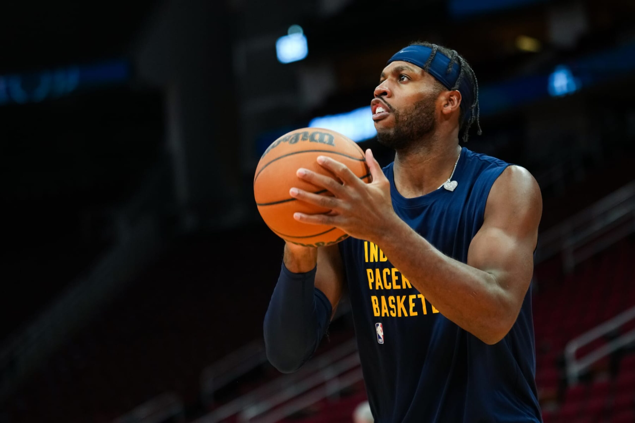 HOUSTON, TEXAS - OCTOBER 10: Buddy Hield #24 of the Indiana Pacers lines up to shoot the ball during warm-up prior to the preseason game against the Houston Rockets at Toyota Center on October 10, 2023 in Houston, Texas. NOTE TO USER: User expressly acknowledges and agrees that, by downloading and or using this photograph, User is consenting to the terms and conditions of the Getty Images License Agreement. (Photo by Alex Bierens de Haan/Getty Images)