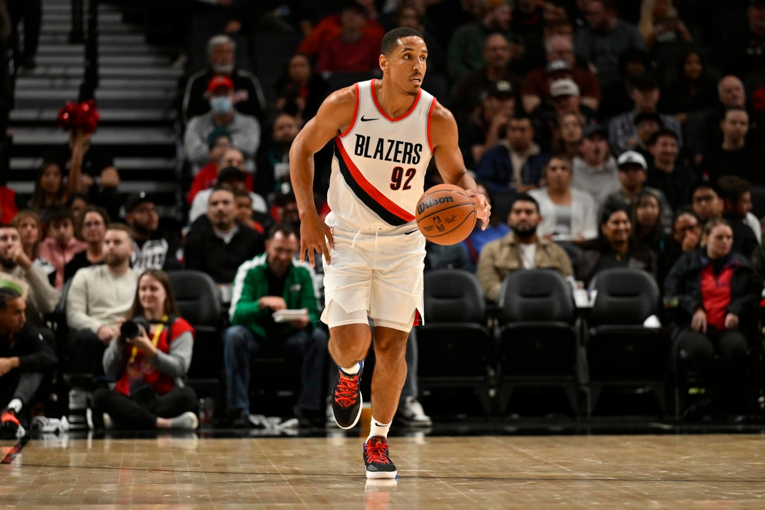 PORTLAND, OREGON - OCTOBER 10: Malcolm Brogdon #92 of the Portland Trail Blazers dribbles during the second quarter of the exhibition game against the New Zealand Breakers at Moda Center on October 10, 2023 in Portland, Oregon. The Portland Trail Blazers won 106-66. NOTE TO USER: User expressly acknowledges and agrees that, by downloading and or using this Photograph, user is consenting to the terms and conditions of the Getty Images License Agreement.  (Photo by Alika Jenner/Getty Images)