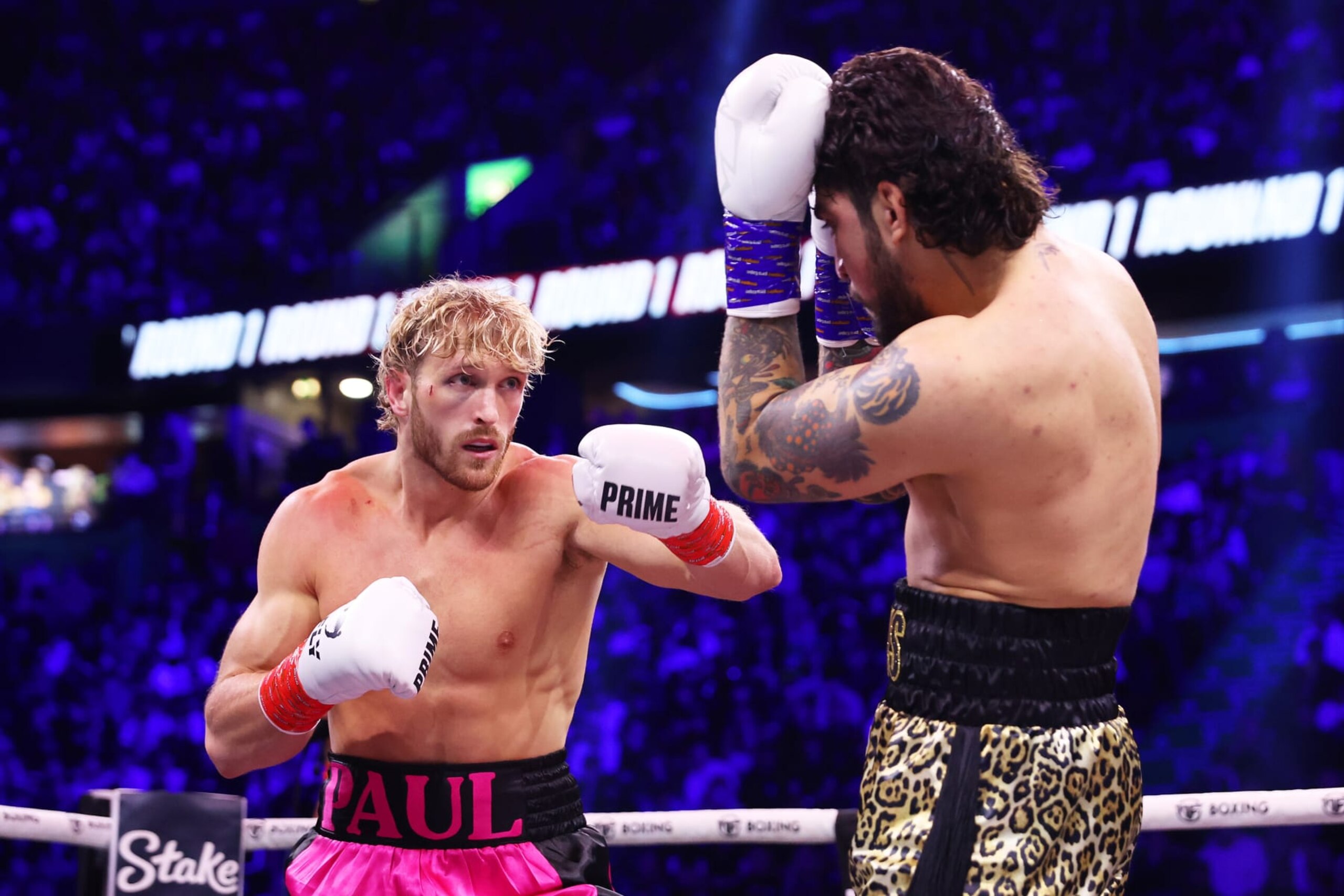 MANCHESTER, ENGLAND - OCTOBER 14: Logan Paul and Dillon Danis in action during the Misfits Heavyweight fight between Logan Paul and Dillon Danis at AO Arena on October 14, 2023 in Manchester, England. (Photo by Matt McNulty/Getty Images)