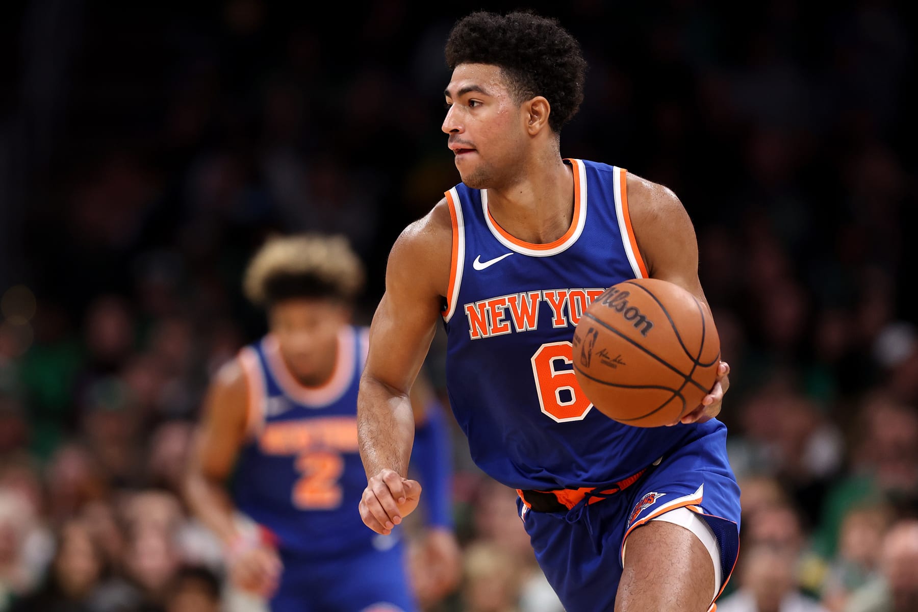 BOSTON, MASSACHUSETTS - OCTOBER 17: Quentin Grimes #6 of the New York Knicks dribbles during the second quarter of the Celtic's preseason game against the New York Knicks at TD Garden on October 17, 2023 in Boston, Massachusetts. NOTE TO USER: User expressly acknowledges and agrees that, by downloading and or using this photograph, User is consenting to the terms and conditions of the Getty Images License Agreement. (Photo by Maddie Meyer/Getty Images)
