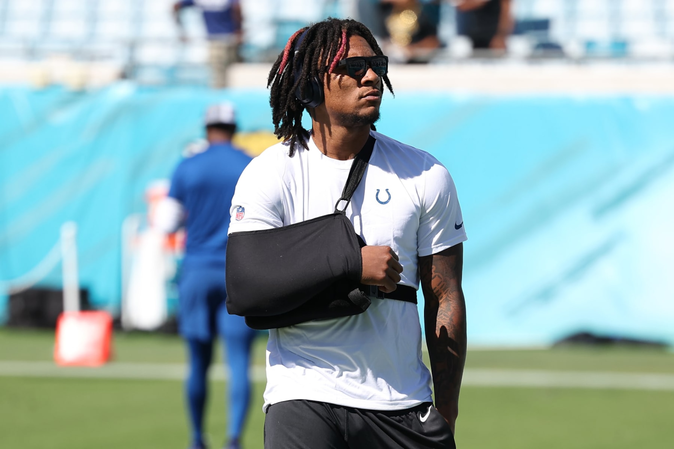 JACKSONVILLE, FLORIDA - OCTOBER 15: Anthony Richardson #5 of the Indianapolis Colts looks on prior to a game against the Jacksonville Jaguars at EverBank Stadium on October 15, 2023 in Jacksonville, Florida. (Photo by Mike Carlson/Getty Images)