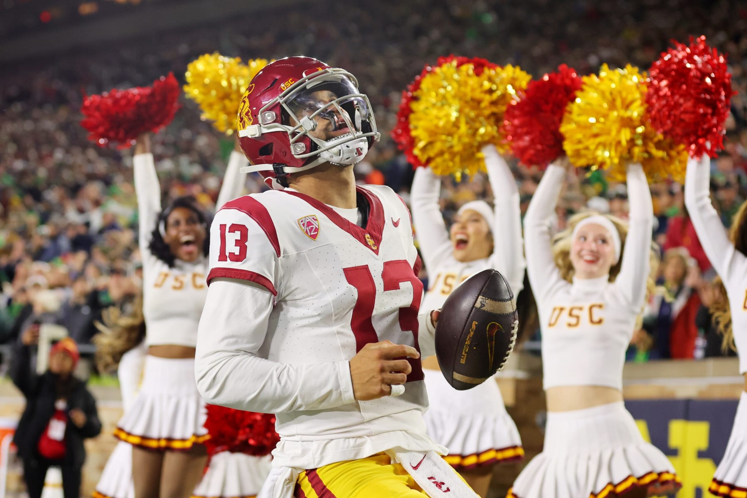 SOUTH BEND, INDIANA - OCTOBER 14: Caleb Williams #13 of the USC Trojans reacts against the Notre Dame Fighting Irish during the first half at Notre Dame Stadium on October 14, 2023 in South Bend, Indiana. (Photo by Michael Reaves/Getty Images)