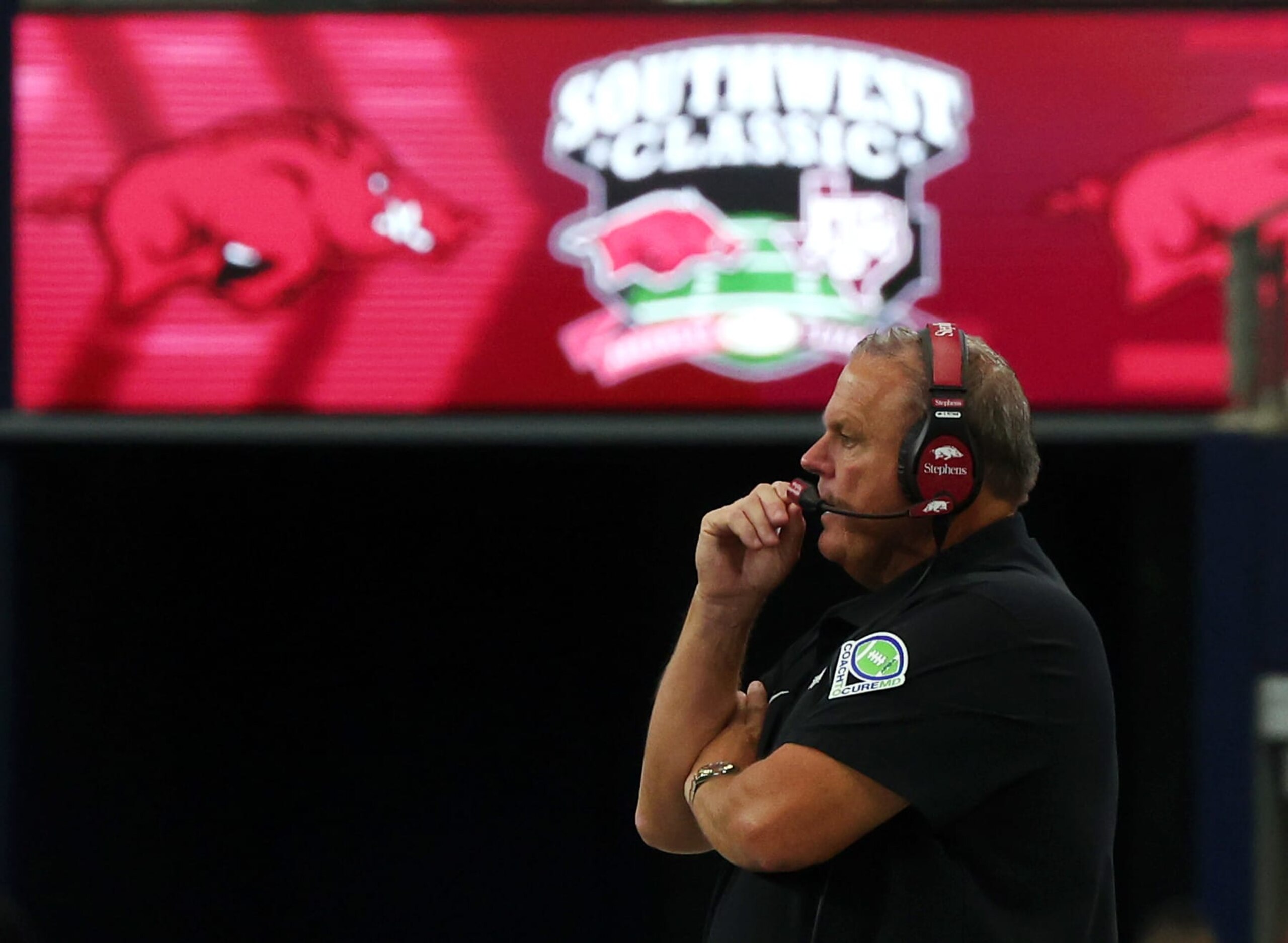 ARLINGTON, TEXAS - SEPTEMBER 30: Head coach Sam Pittman of the Arkansas Razorbacks  is seen on the sideline in the second quarter of the Southwest Classic at AT&T Stadium on September 30, 2023 in Arlington, Texas. (Photo by Richard Rodriguez/Getty Images)