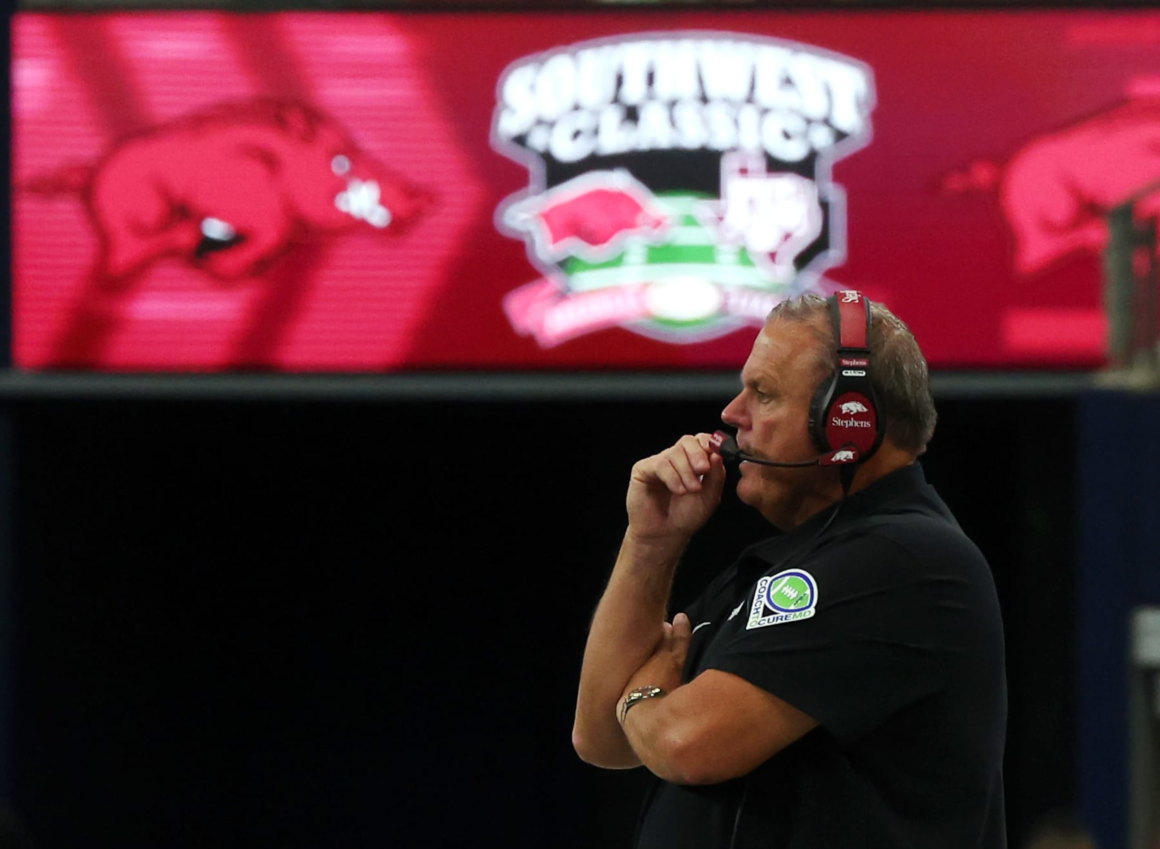 ARLINGTON, TEXAS - SEPTEMBER 30: Head coach Sam Pittman of the Arkansas Razorbacks  is seen on the sideline in the second quarter of the Southwest Classic at AT&T Stadium on September 30, 2023 in Arlington, Texas. (Photo by Richard Rodriguez/Getty Images)