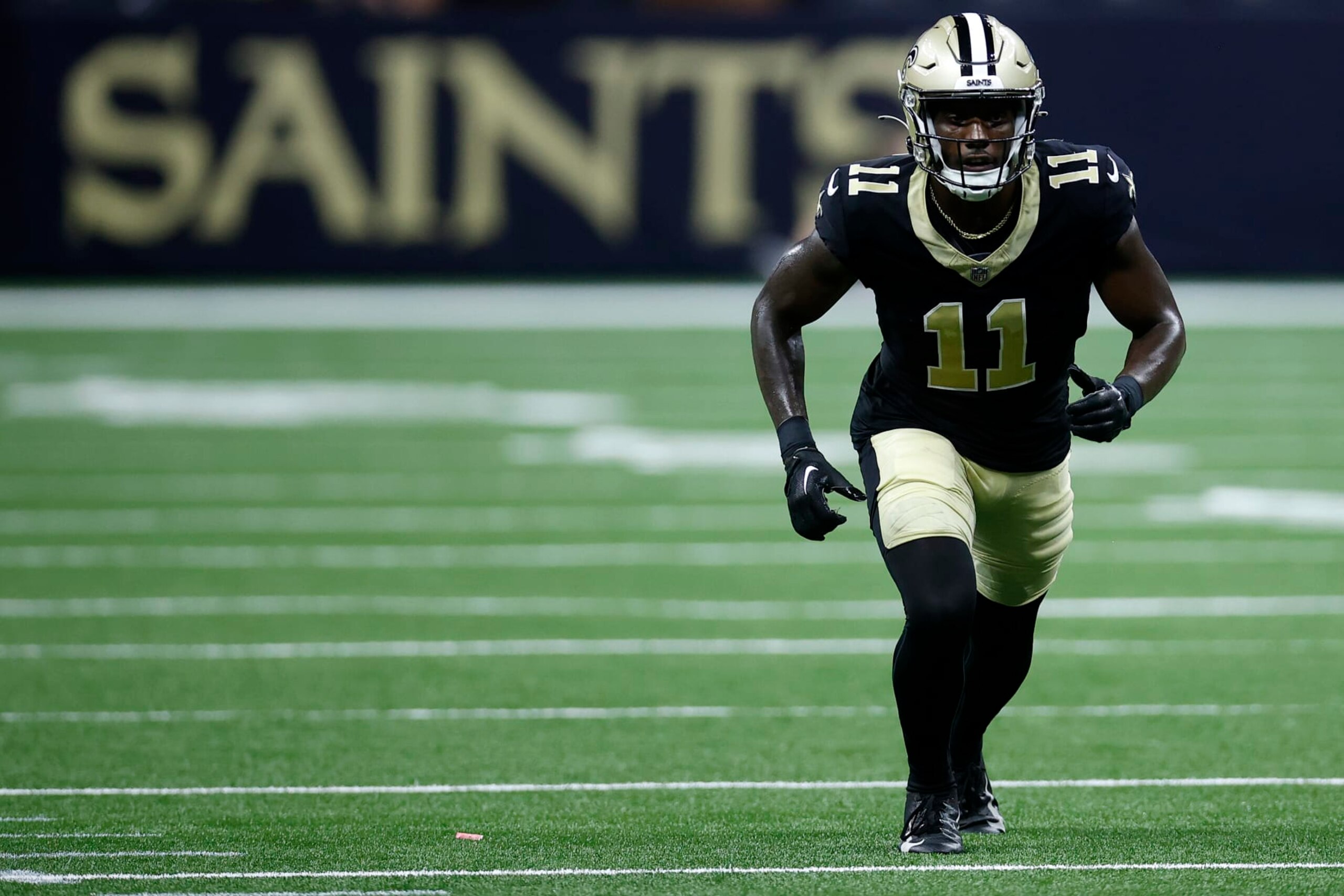 NEW ORLEANS, LOUISIANA - AUGUST 13: Bryan Edwards #11 of the New Orleans Saints in action against the Kansas City Chiefs during a preseason game at Caesars Superdome on August 13, 2023 in New Orleans, Louisiana. (Photo by Chris Graythen/Getty Images)