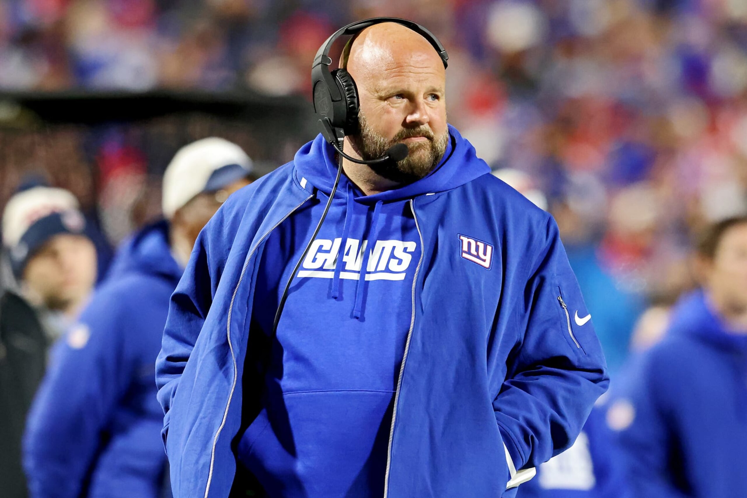 ORCHARD PARK, NEW YORK - OCTOBER 15: Head coach Brian Daboll of the New York Giants looks on in the fourth quarter of a game against the Buffalo Bills at Highmark Stadium on October 15, 2023 in Orchard Park, New York. (Photo by Bryan M. Bennett/Getty Images)