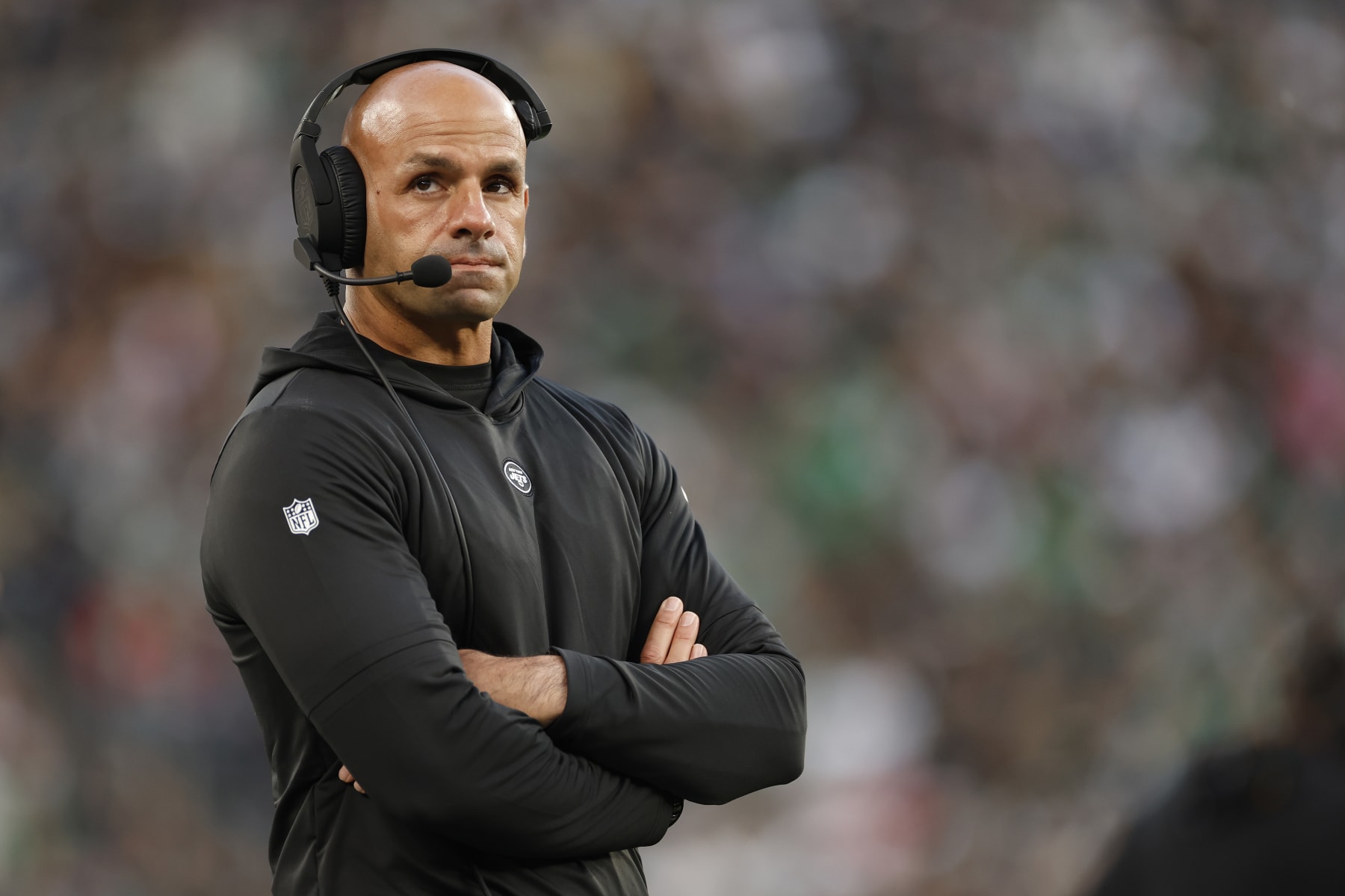 EAST RUTHERFORD, NEW JERSEY - OCTOBER 15: Head coach Robert Saleh of the New York Jets looks on during the first half in the game against the Philadelphia Eagles at MetLife Stadium on October 15, 2023 in East Rutherford, New Jersey. (Photo by Sarah Stier/Getty Images)