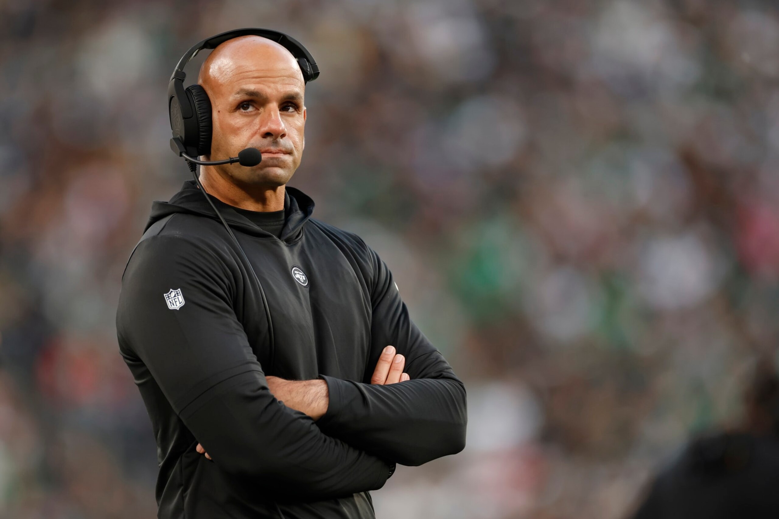 EAST RUTHERFORD, NEW JERSEY - OCTOBER 15: Head coach Robert Saleh of the New York Jets looks on during the first half in the game against the Philadelphia Eagles at MetLife Stadium on October 15, 2023 in East Rutherford, New Jersey. (Photo by Sarah Stier/Getty Images)