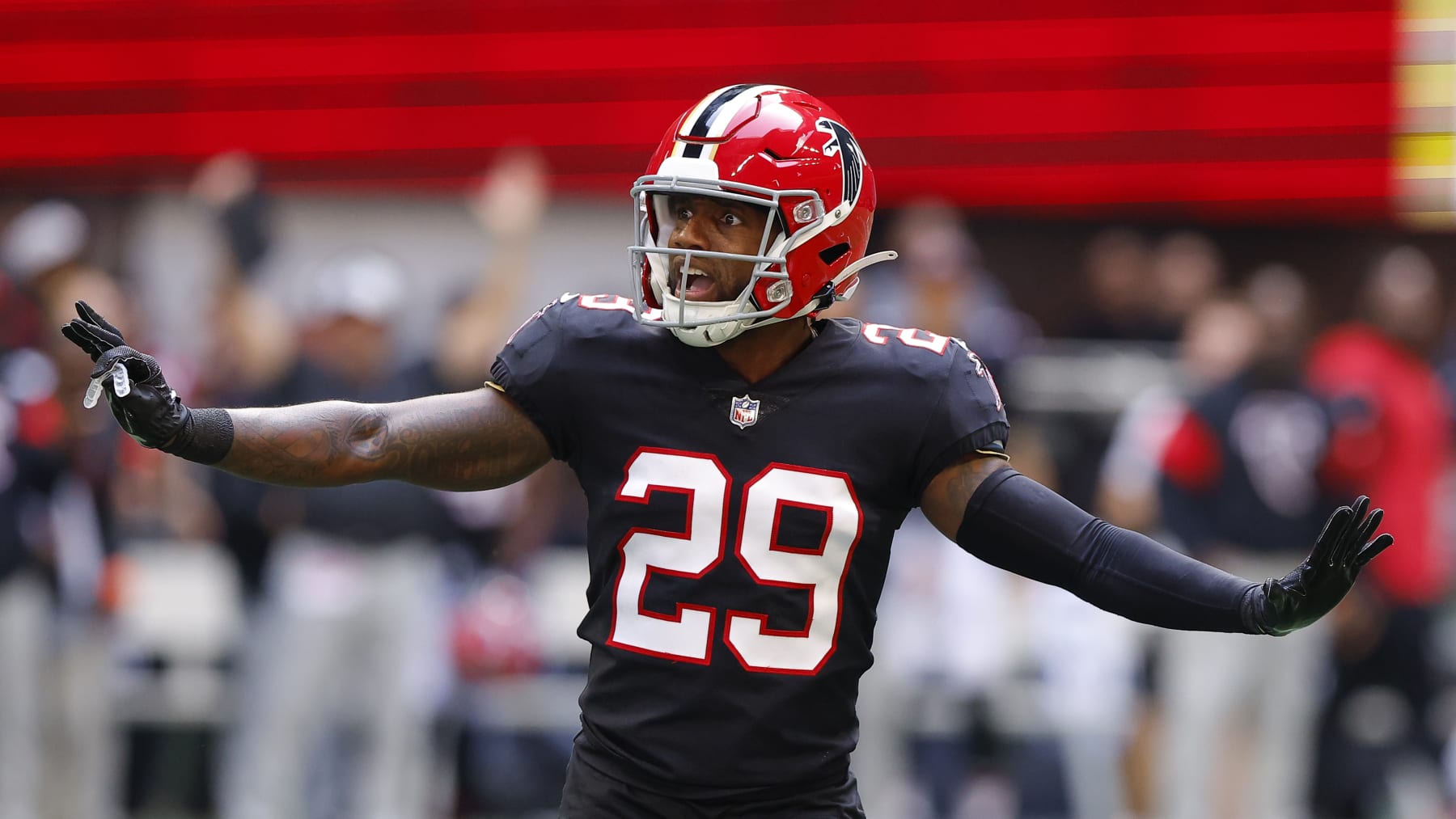 ATLANTA, GA - OCTOBER 16: Casey Hayward #29 of the Atlanta Falcons reacts during the second half against the San Francisco 49ers at Mercedes-Benz Stadium on October 16, 2022 in Atlanta, Georgia. (Photo by Todd Kirkland/Getty Images)