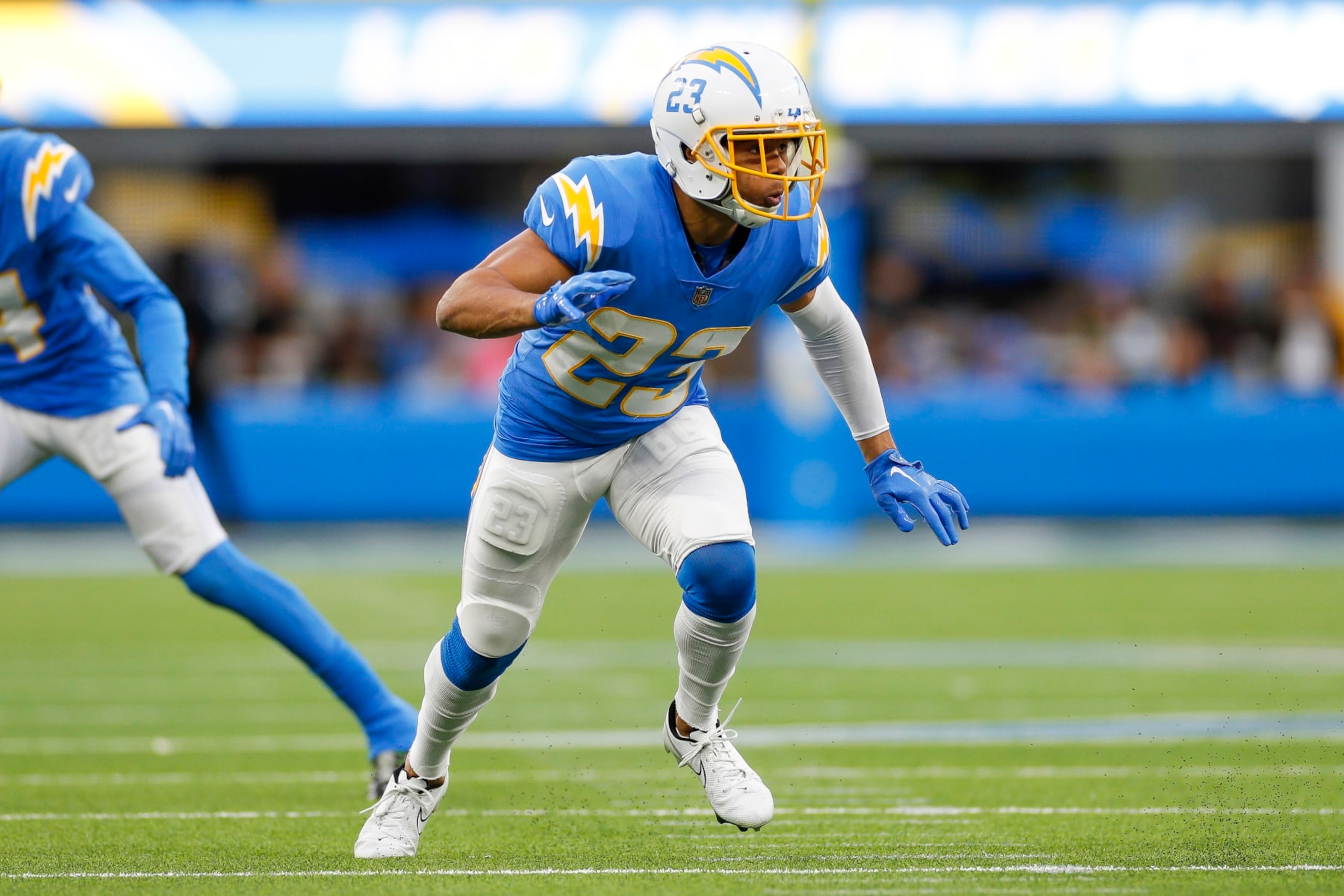 INGLEWOOD, CA - JANUARY 01: Los Angeles Chargers cornerback Bryce Callahan (23) defends during an NFL regular season game between the Los Angeles Rams and the Los Angeles Chargers on January 01, 2023, at SoFi Stadium in Inglewood, CA. (Photo by Brandon Sloter/Icon Sportswire via Getty Images)