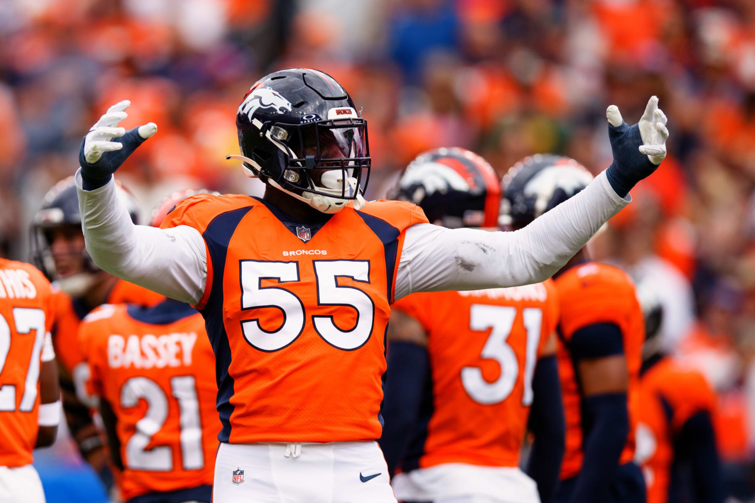 DENVER, CO - SEPTEMBER 10:  Linebacker Frank Clark #55 of the Denver Broncos pumps up the crowd during the second quarter against the Las Vegas Raiders at Empower Field at Mile High on September 10, 2023 in Denver, Colorado. (Photo by Justin Edmonds/Getty Images)
