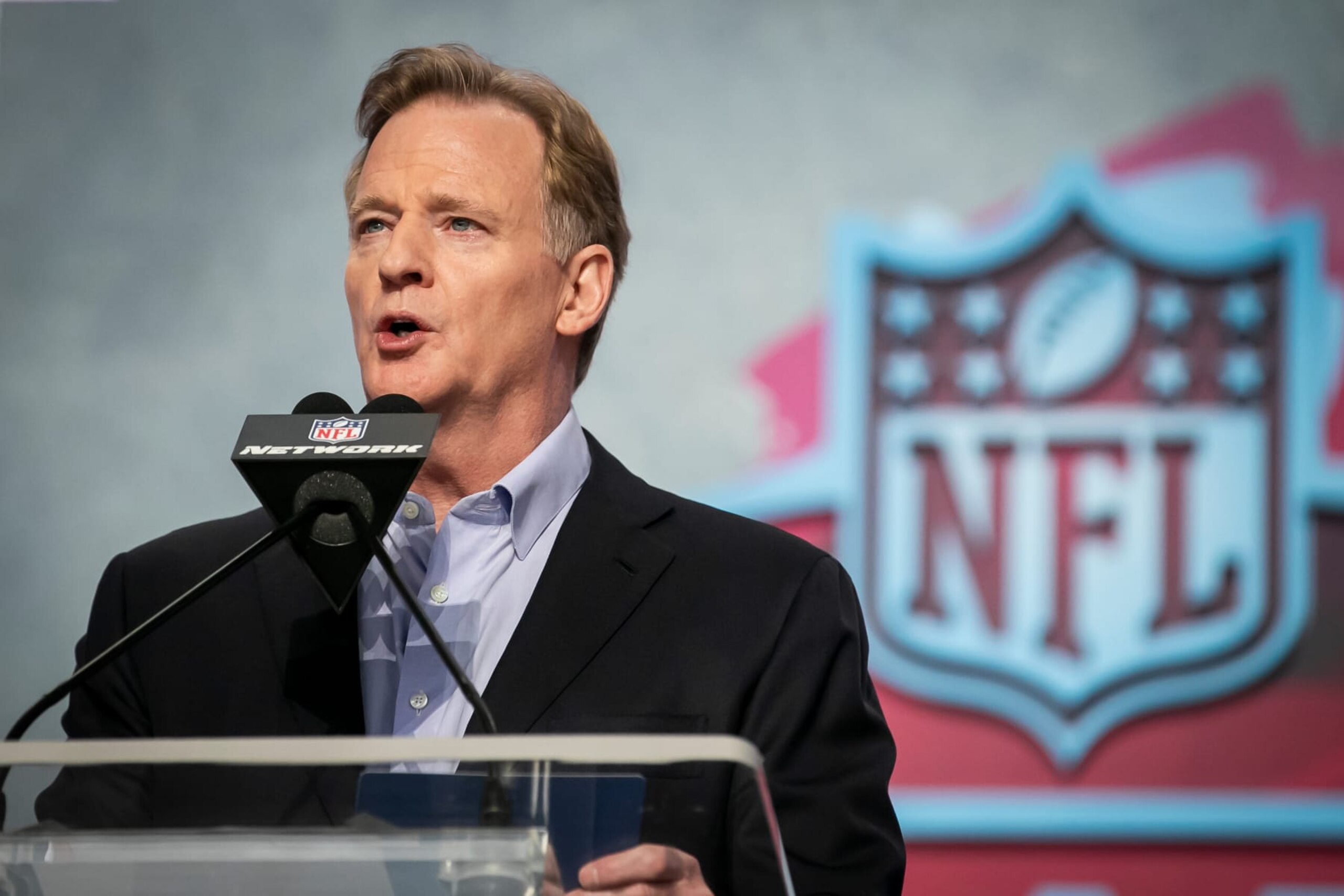 KANSAS CITY, MO - APRIL 27: NFL Commissioner Roger Goodell speaks to the audience for the opening ceremony during on Thursday April 27, 2023 at Union Station in Kansas City, MO.  (Photo by Nick Tre. Smith/Icon Sportswire via Getty Images)