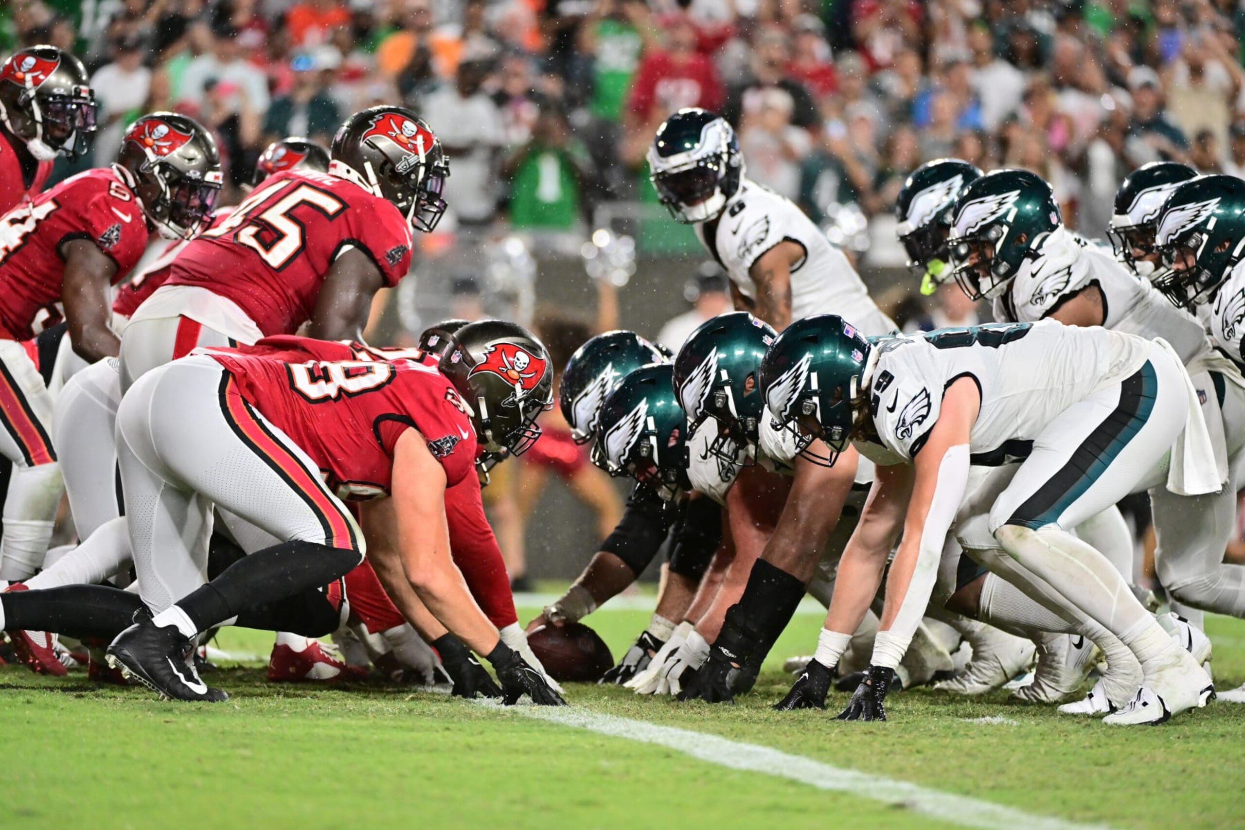 TAMPA, FLORIDA - SEPTEMBER 25: The Philadelphia Eagles offense lines up against the Tampa Bay Buccaneers defense during the third quarter at Raymond James Stadium on September 25, 2023 in Tampa, Florida. (Photo by Julio Aguilar/Getty Images)