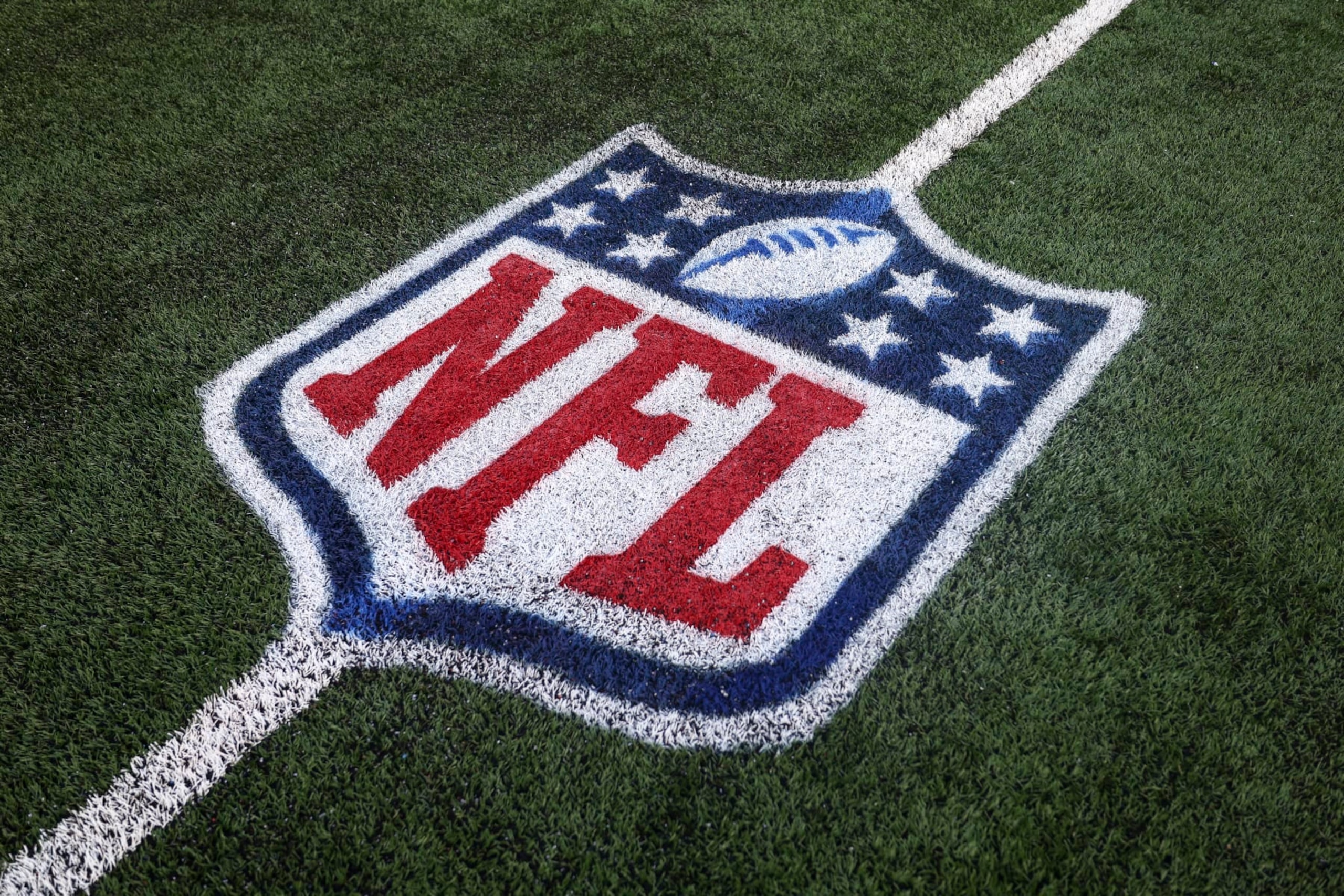 EAST RUTHERFORD, NJ - OCTOBER 1: An NFL shield logo is painted on the field prior to an NFL football game between the New York Jets and the Kansas City Chiefs at MetLife Stadium on October 1, 2023 in East Rutherford, New Jersey. (Photo by Kevin Sabitus/Getty Images)