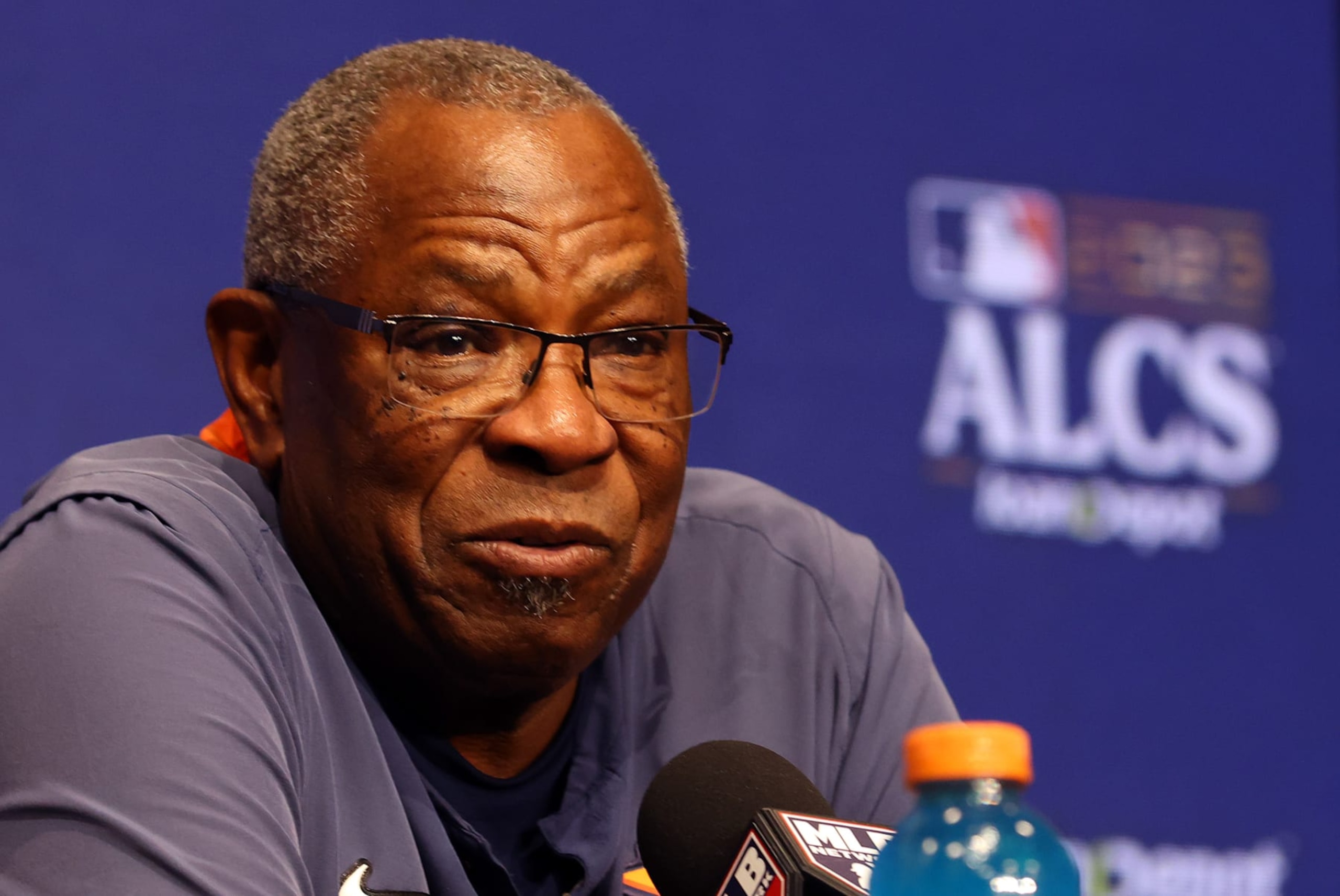 ARLINGTON, TEXAS - OCTOBER 17: Dusty Baker Head Coach of the Houston Astros takes questions from the media before Game Three of the American League Championship Series at Globe Life Field on October 17, 2023 in Arlington, Texas. (Photo by Richard Rodriguez/Getty Images)