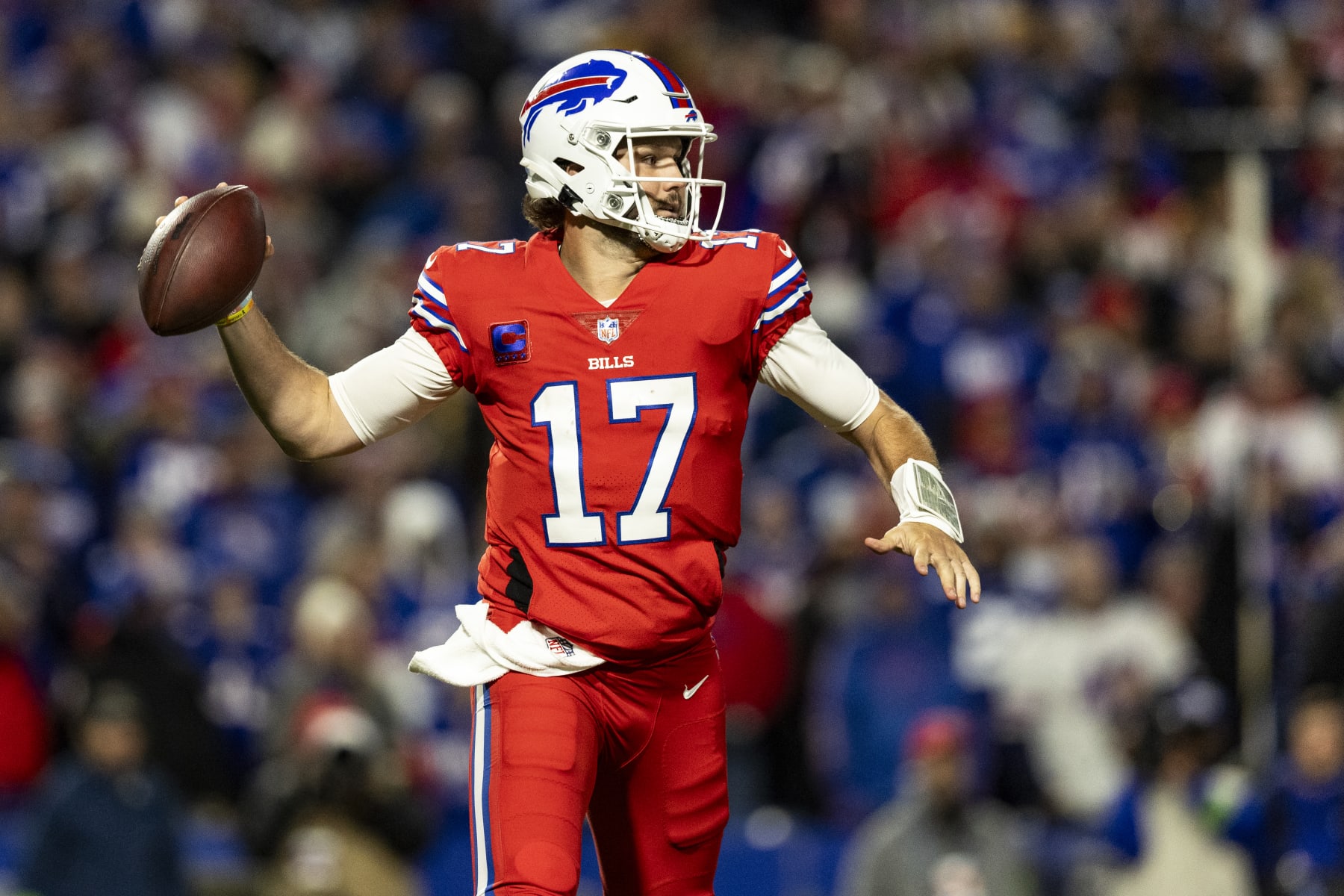 ORCHARD PARK, NEW YORK - OCTOBER 15: Josh Allen #17 of the Buffalo Bills throws a pass during the game against the New York Giants at Highmark Stadium on October 15, 2023 in Orchard Park, New York. The Bills beat the Giants 14-9. (Photo by Lauren Leigh Bacho/Getty Images)