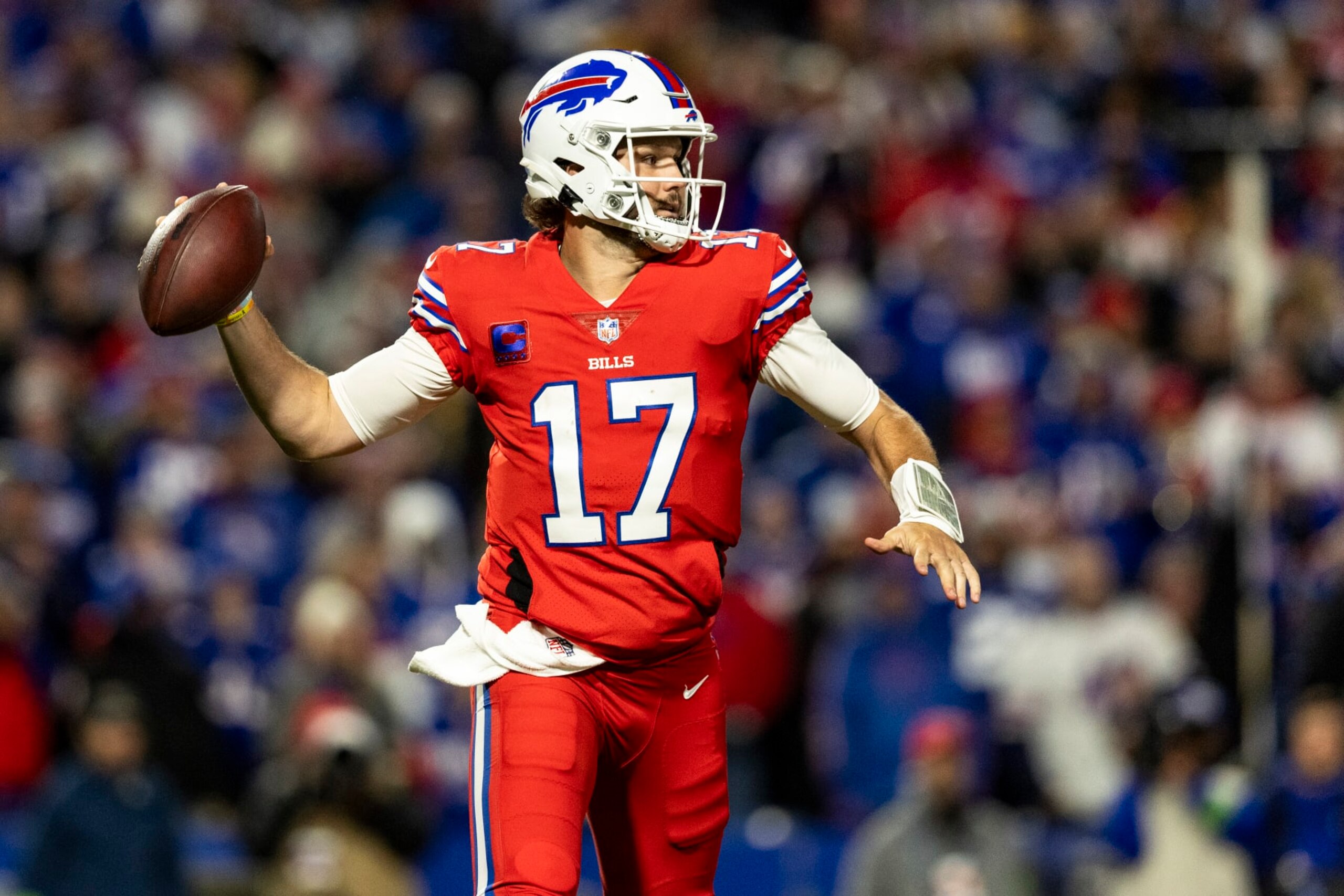 ORCHARD PARK, NEW YORK - OCTOBER 15: Josh Allen #17 of the Buffalo Bills throws a pass during the game against the New York Giants at Highmark Stadium on October 15, 2023 in Orchard Park, New York. The Bills beat the Giants 14-9. (Photo by Lauren Leigh Bacho/Getty Images)