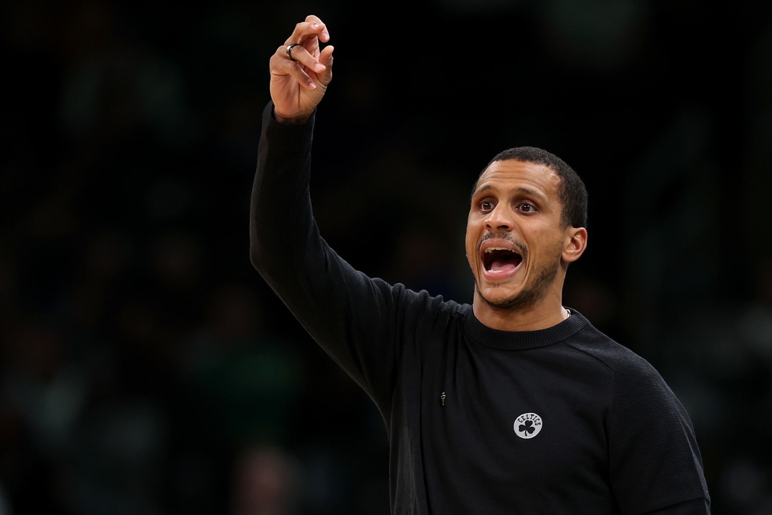 BOSTON, MASSACHUSETTS - OCTOBER 17: Boston Celtics head coach Joe Mazzulla directs his team during the second quarter of the Celtic's preseason game against the New York Knicks at TD Garden on October 17, 2023 in Boston, Massachusetts. NOTE TO USER: User expressly acknowledges and agrees that, by downloading and or using this photograph, User is consenting to the terms and conditions of the Getty Images License Agreement. (Photo by Maddie Meyer/Getty Images)