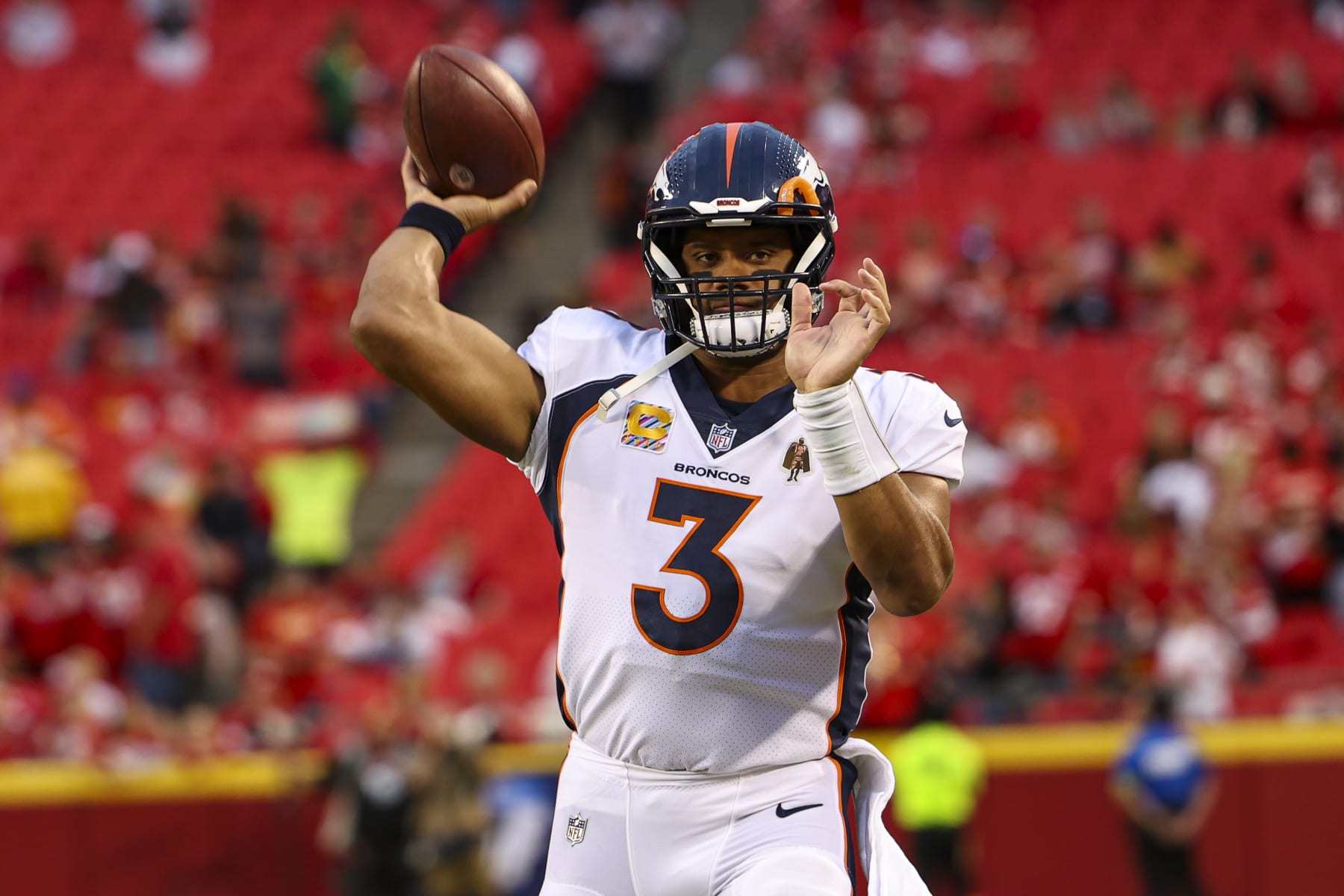 KANSAS CITY, MO - OCTOBER 12: Russell Wilson #3 of the Denver Broncos warms up prior to an NFL football game against the Kansas City Chiefs at GEHA Field at Arrowhead Stadium on October 12, 2023 in Kansas City, Missouri. (Photo by Perry Knotts/Getty Images)