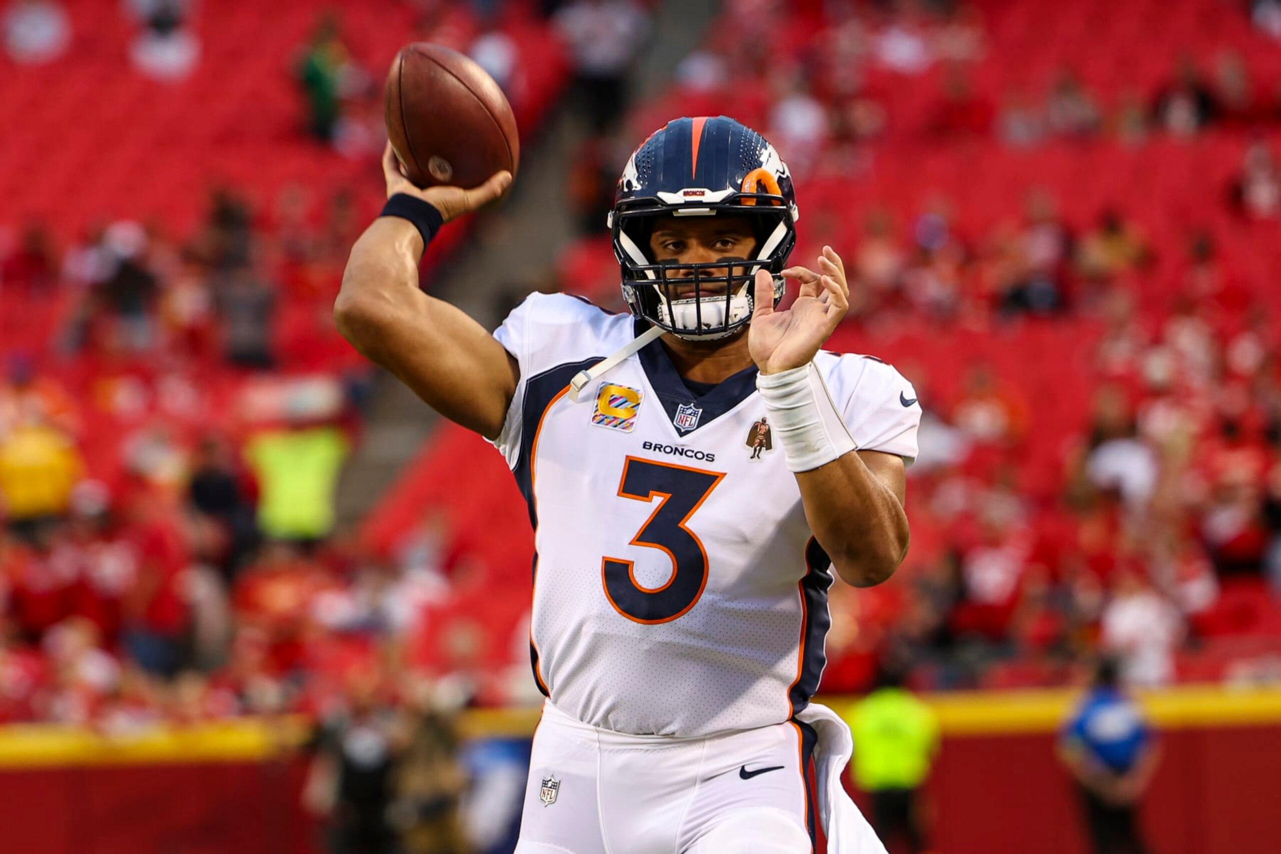 KANSAS CITY, MO - OCTOBER 12: Russell Wilson #3 of the Denver Broncos warms up prior to an NFL football game against the Kansas City Chiefs at GEHA Field at Arrowhead Stadium on October 12, 2023 in Kansas City, Missouri. (Photo by Perry Knotts/Getty Images)