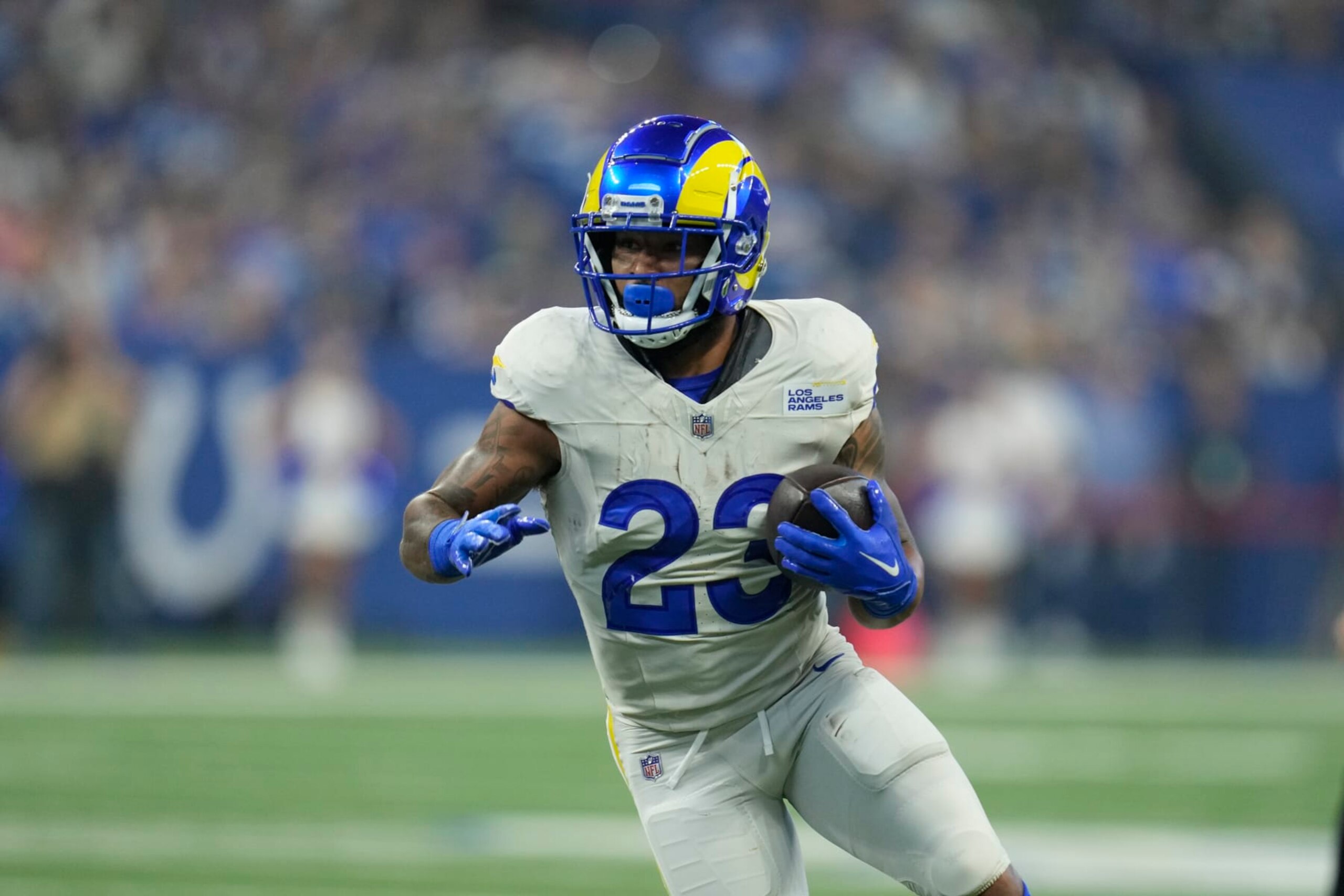 Los Angeles Rams running back Kyren Williams runs with the ball during the first half of an NFL football game against the Indianapolis Colts, Sunday, Oct. 1, 2023, in Indianapolis. (AP Photo/Michael Conroy)