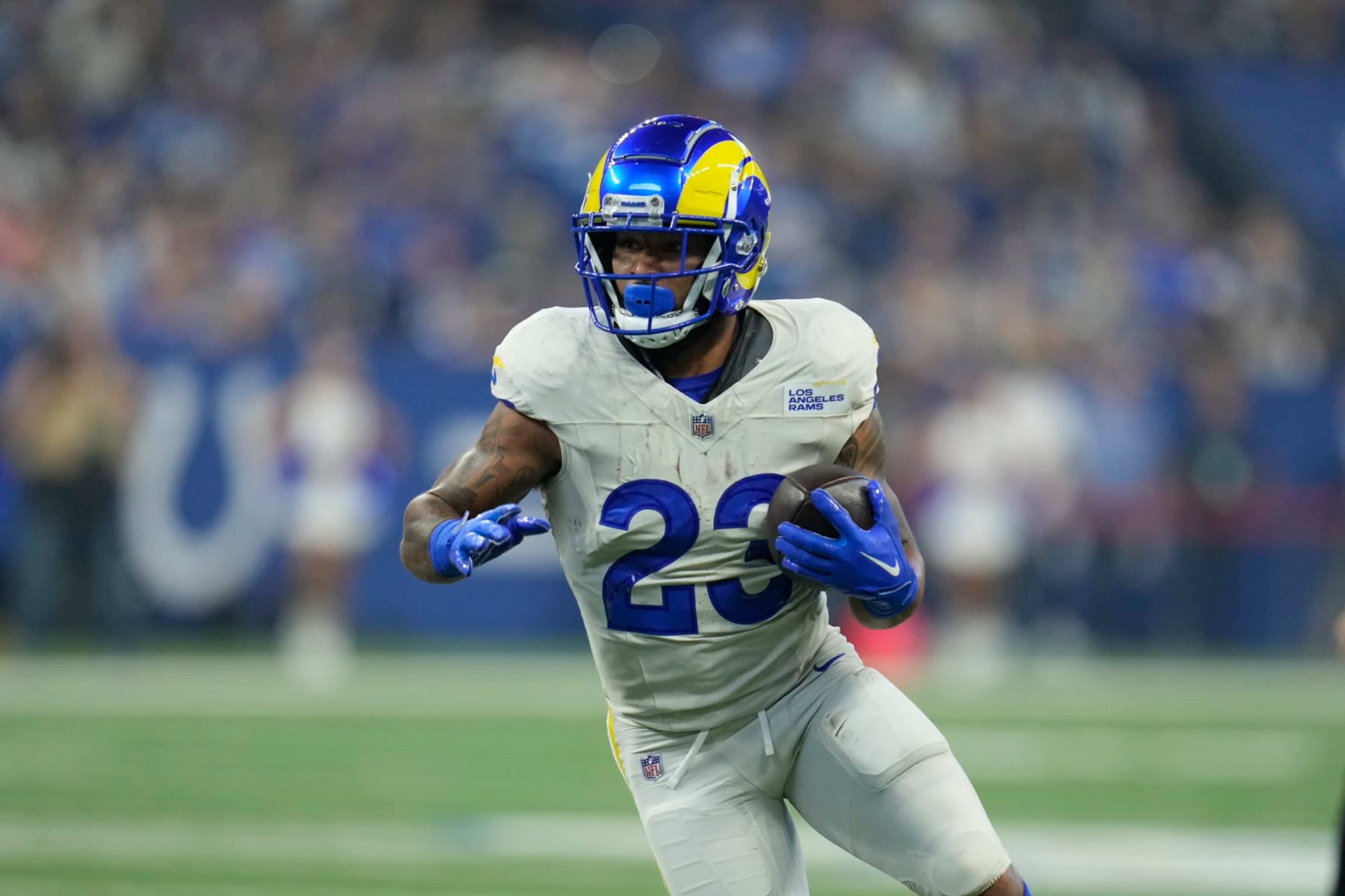 Los Angeles Rams running back Kyren Williams runs with the ball during the first half of an NFL football game against the Indianapolis Colts, Sunday, Oct. 1, 2023, in Indianapolis. (AP Photo/Michael Conroy)