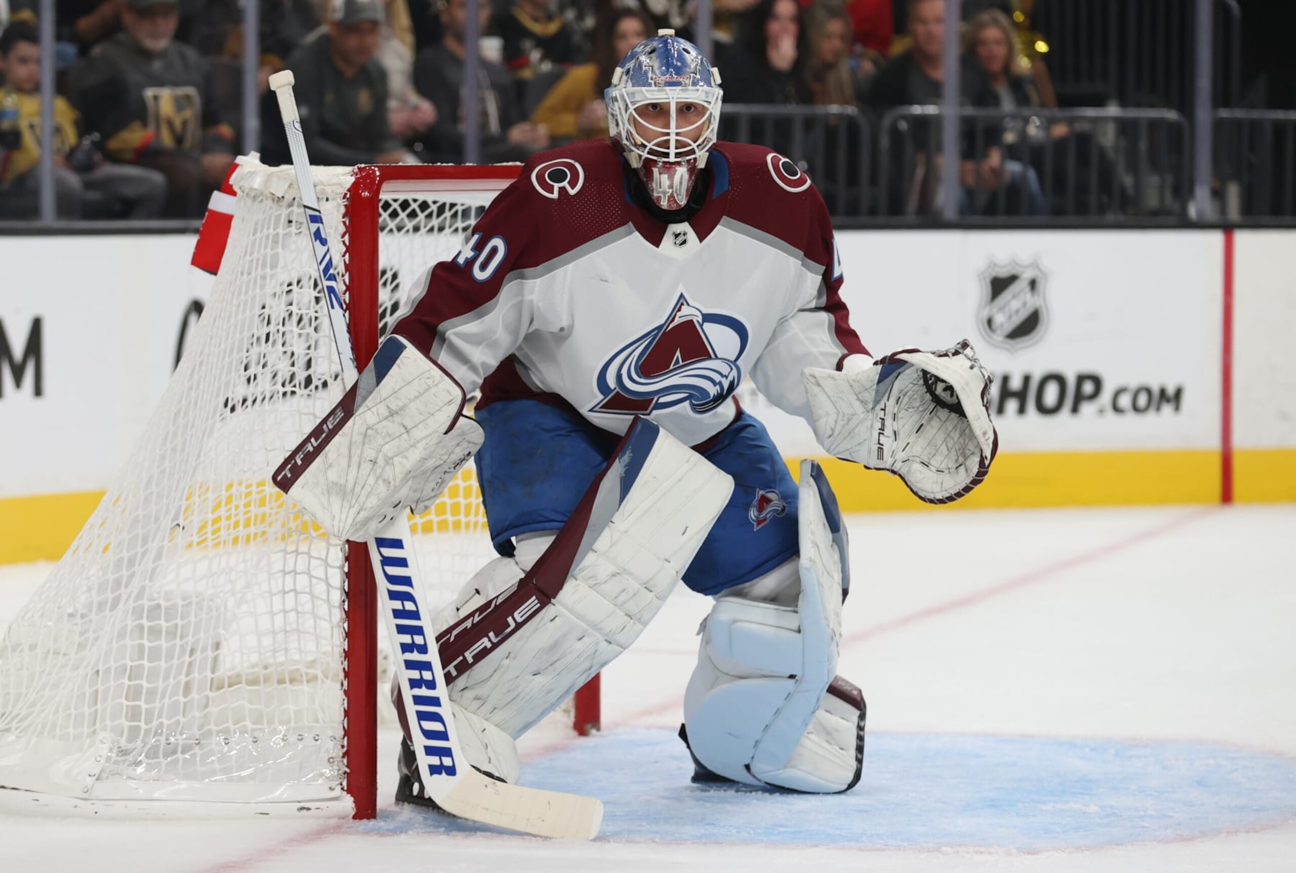 LAS VEGAS, NEVADA - OCTOBER 05: Alexandar Georgiev #40 of the Colorado Avalanche tends net during the second period against the Vegas Golden Knights at T-Mobile Arena on October 05, 2023 in Las Vegas, Nevada. (Photo by Zak Krill/NHLI via Getty Images)
