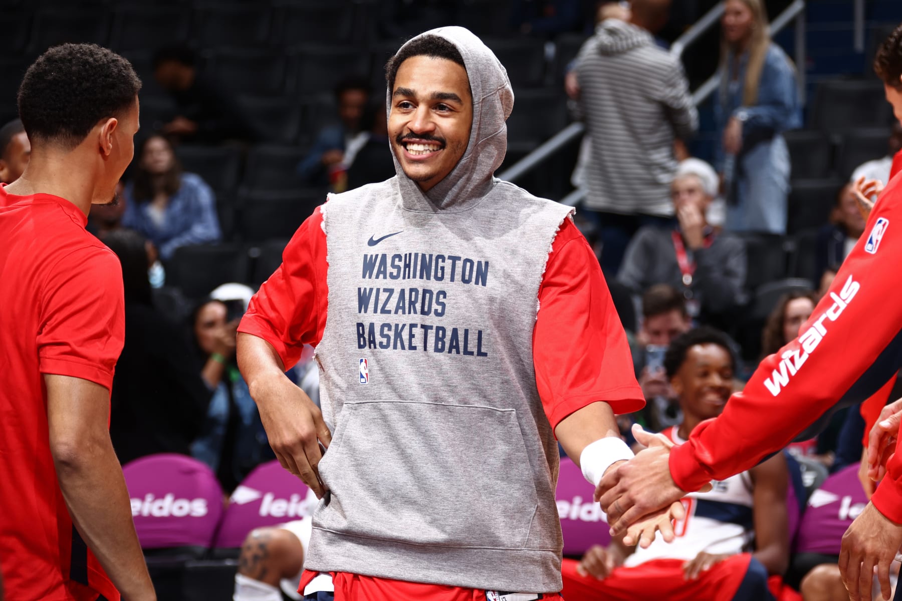 WASHINGTON, DC -  OCTOBER 10: Jordan Poole #13 of the Washington Wizards before the game against the Cairns Taipans on October 10, 2023 at Capital One Arena in Washington, DC. NOTE TO USER: User expressly acknowledges and agrees that, by downloading and or using this Photograph, user is consenting to the terms and conditions of the Getty Images License Agreement. Mandatory Copyright Notice: Copyright 2023 NBAE (Photo by Kenny Giarla/NBAE via Getty Images)