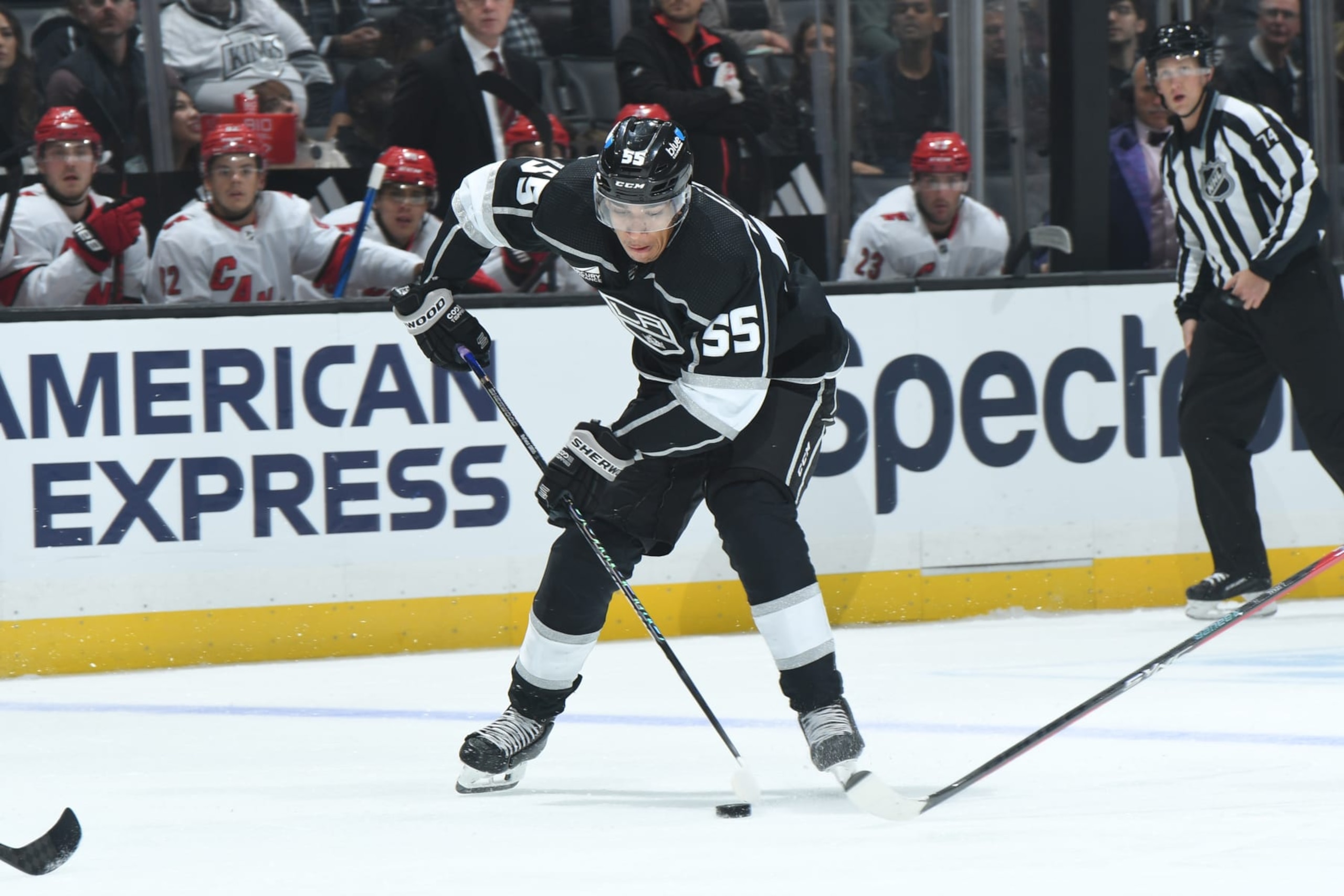 LOS ANGELES, CA - October 14: Quinton Byfield #55 of the Los Angeles Kings during the first period against the Carolina Hurricanes at Crypto.com Arena on October 14, 2023 in Los Angeles, California. (Photo by Andrew D. Bernstein/NHLI via Getty Images)