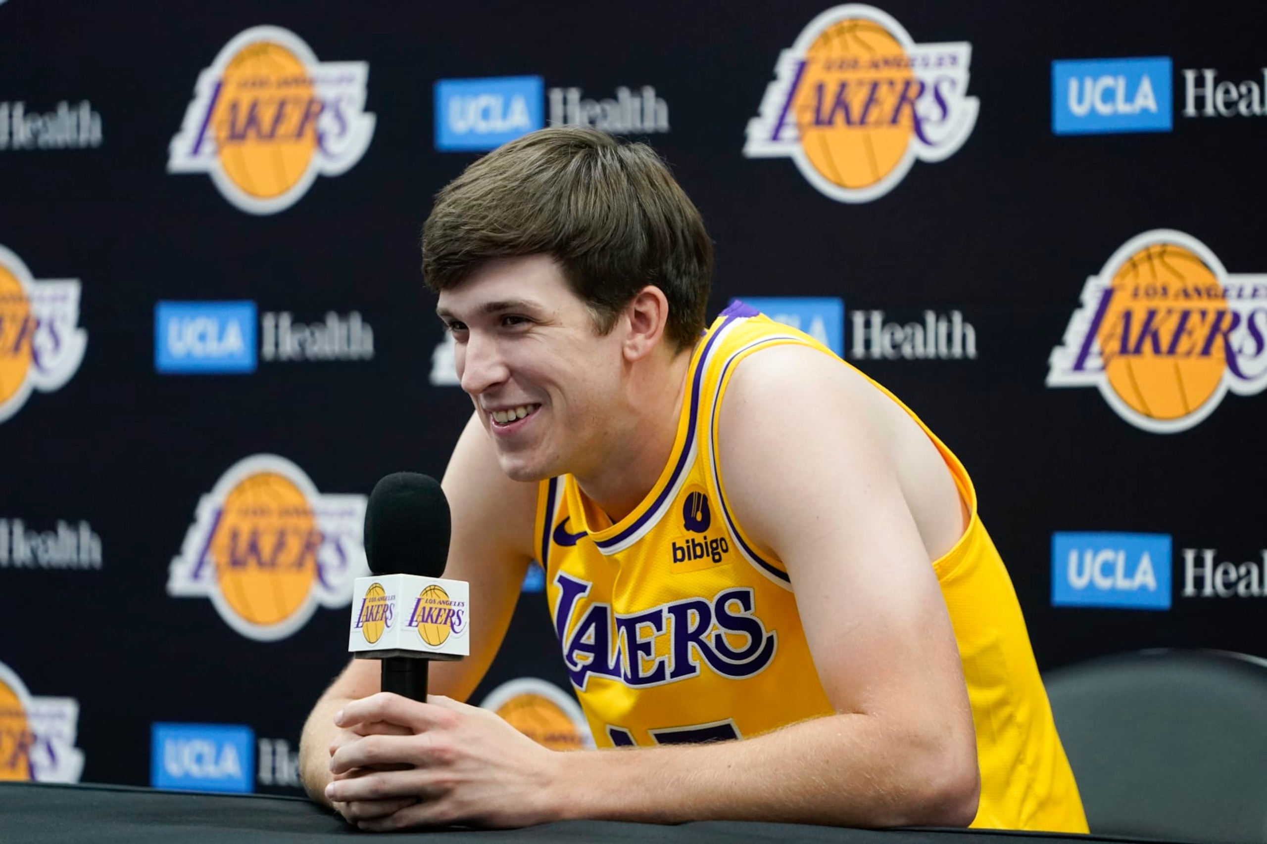 Los Angeles Lakers guard Austin Reaves prepares to answer a question during the NBA basketball team's media day, Monday, Oct. 2, 2023, in El Segundo, Calif. (AP Photo/Ryan Sun)