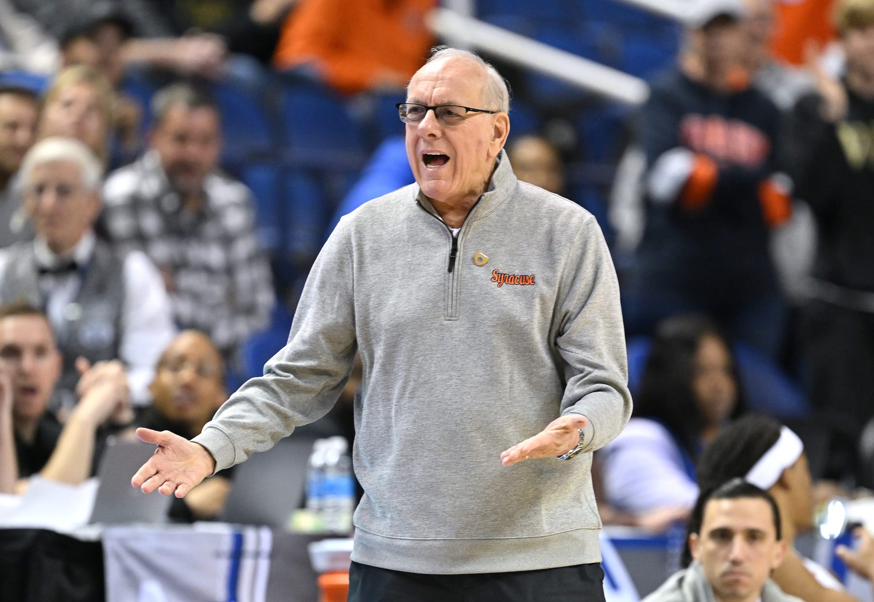GREENSBORO, NORTH CAROLINA - MARCH 08: Head coach Jim Boeheim of the Syracuse Orange reacts during the first half of their game against the Wake Forest Demon Deacons in the second round of the ACC Basketball Tournament at Greensboro Coliseum on March 08, 2023 in Greensboro, North Carolina. (Photo by Grant Halverson/Getty Images)