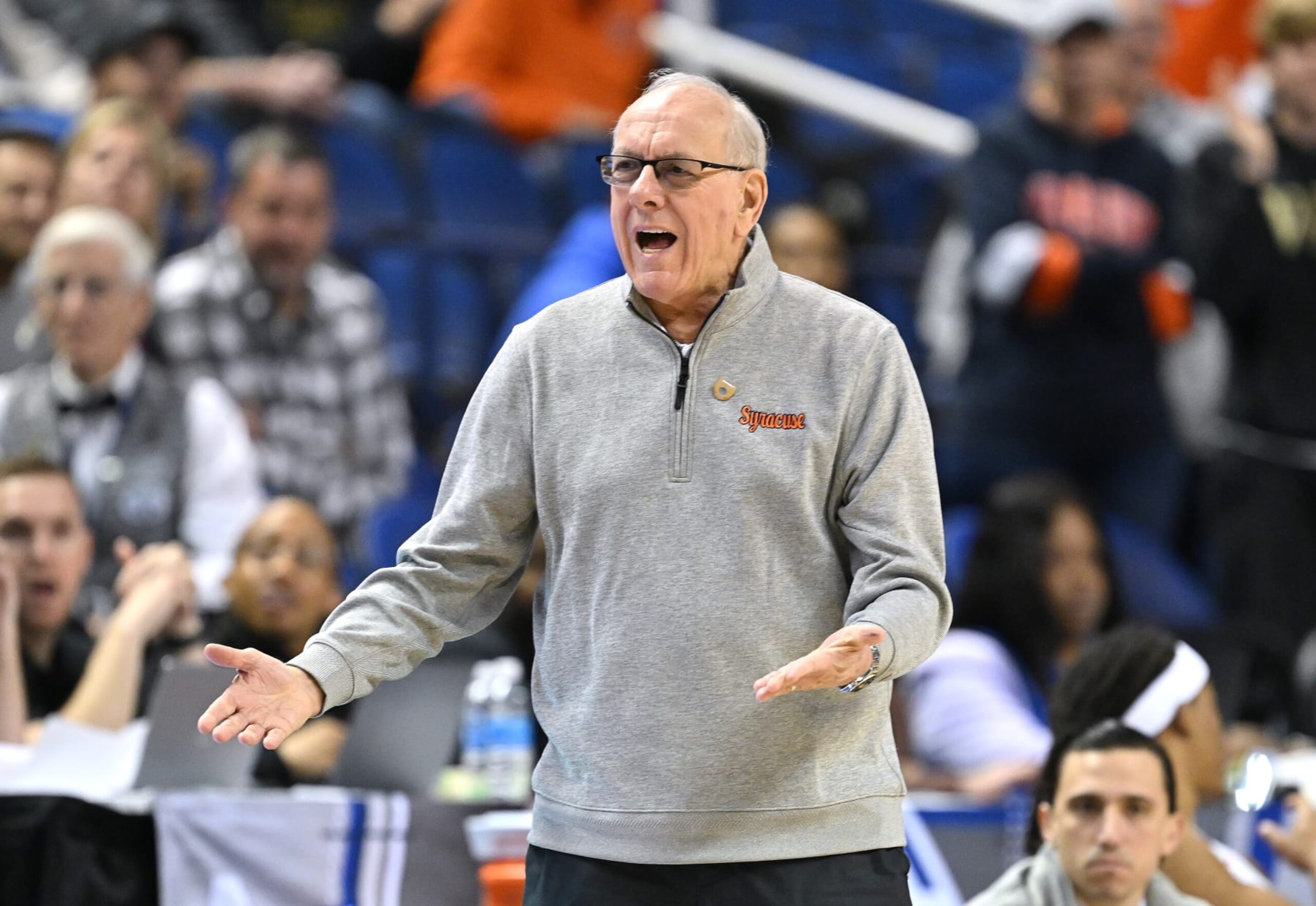 GREENSBORO, NORTH CAROLINA - MARCH 08: Head coach Jim Boeheim of the Syracuse Orange reacts during the first half of their game against the Wake Forest Demon Deacons in the second round of the ACC Basketball Tournament at Greensboro Coliseum on March 08, 2023 in Greensboro, North Carolina. (Photo by Grant Halverson/Getty Images)