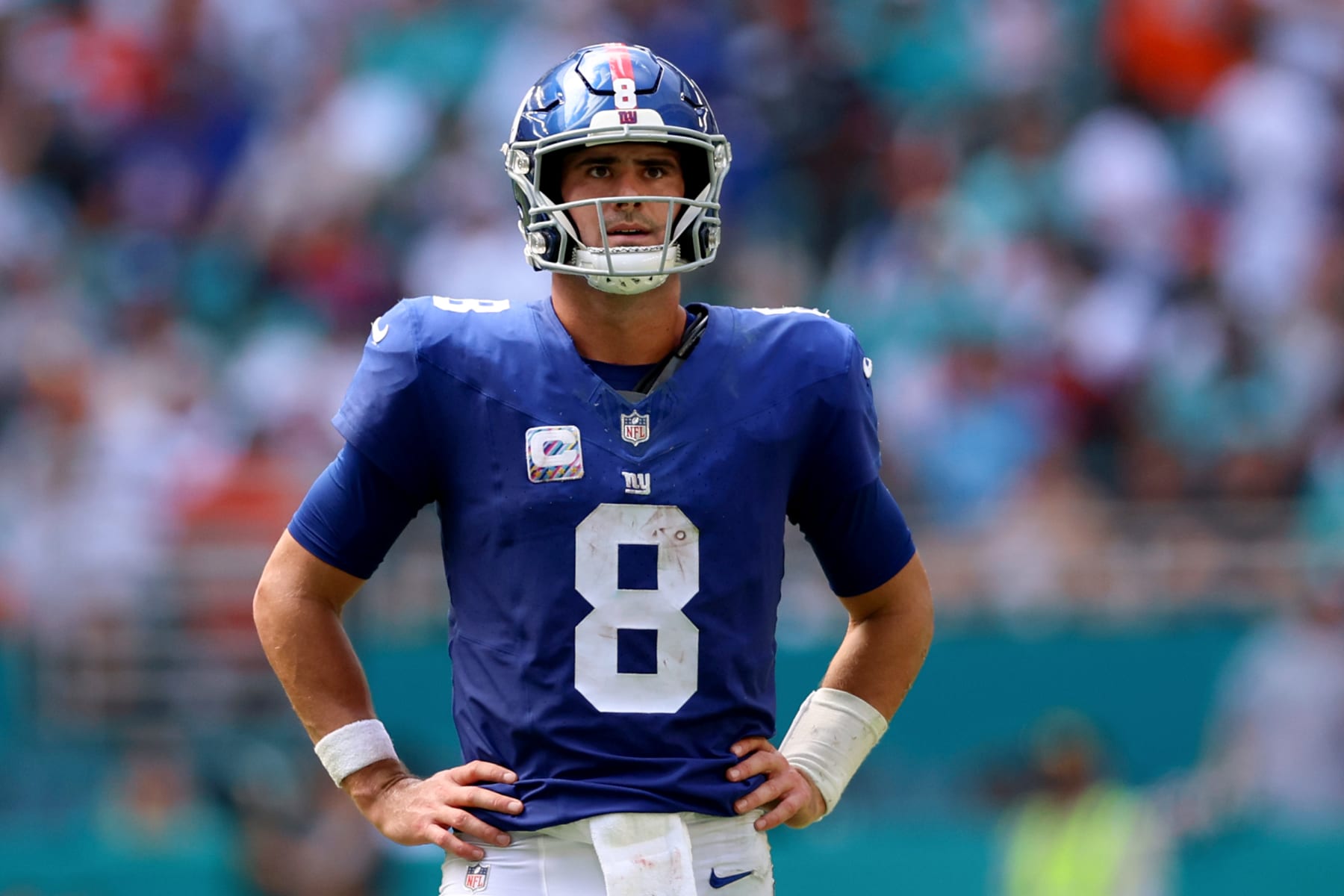 MIAMI GARDENS, FLORIDA - OCTOBER 08: Daniel Jones #8 of the New York Giants looks on during the first half against the Miami Dolphins at Hard Rock Stadium on October 08, 2023 in Miami Gardens, Florida. (Photo by Megan Briggs/Getty Images)