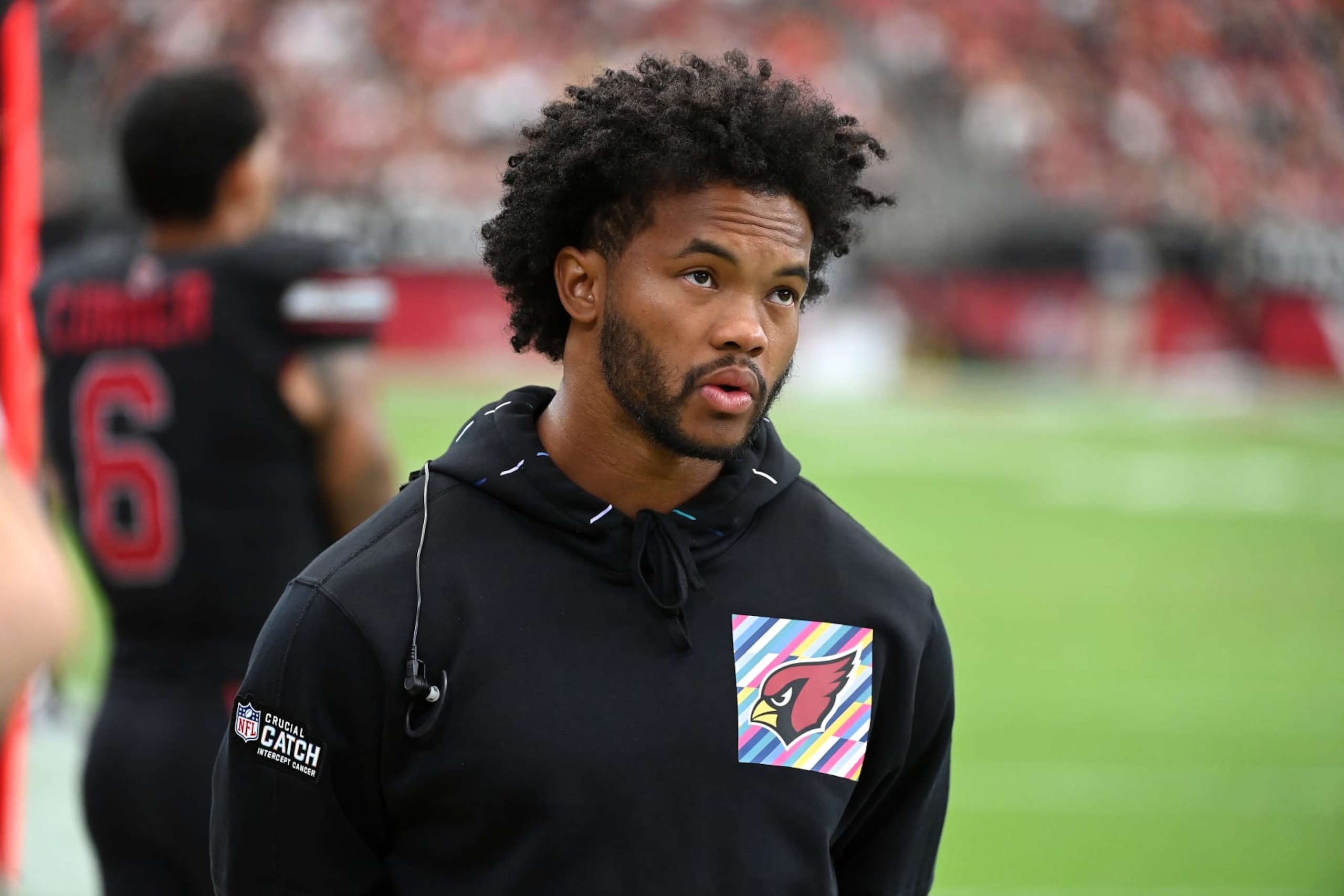 GLENDALE, ARIZONA - OCTOBER 08: Kyler Murray #1 of the Arizona Cardinals looks on from the sidelines against the Cincinnati Bengals at State Farm Stadium on October 08, 2023 in Glendale, Arizona. (Photo by Norm Hall/Getty Images) GLENDALE, ARIZONA - OCTOBER 08: Kyler Murray #1 of the Arizona Cardinals looks on from the sidelines against the Cincinnati Bengals at State Farm Stadium on October 08, 2023 in Glendale, Arizona. (Photo by Norm Hall/Getty Images)