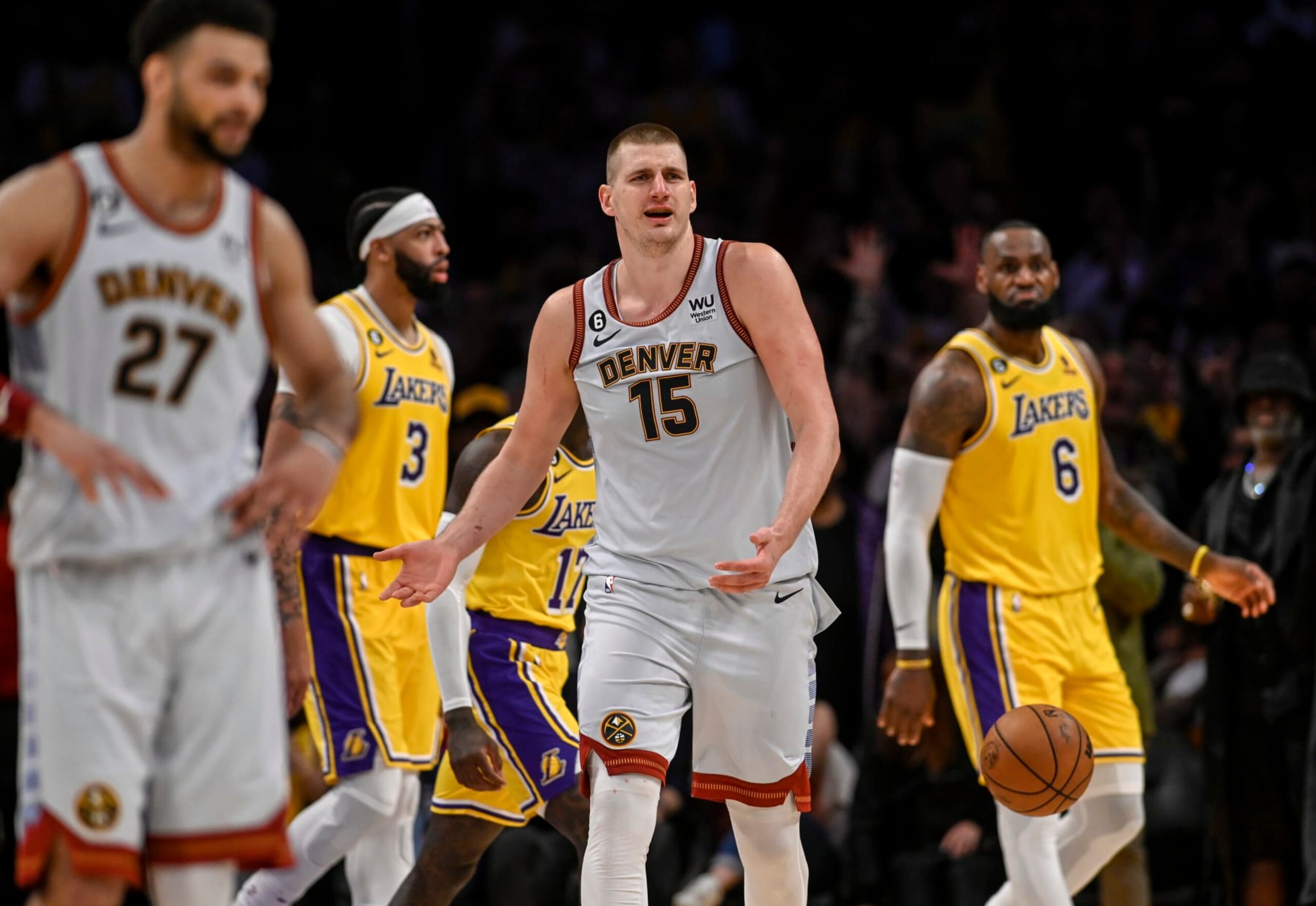 LOS ANGELES, CA - MAY 22: Nikola Jokic (15) of the Denver Nuggets reacts to being called for an offensive foul upon blowing up LeBron James (6) of the Los Angeles Lakers during the fourth quarter of the Nuggets' 113-111 Western Conference finals game 4 win at Crypto.com Arena in Los Angeles on Monday, May 22, 2023. The Nuggets swept the best-of-seven series 4-0 to advance to their first NBA Finals in franchise history. (Photo by AAron Ontiveroz/The Denver Post)
