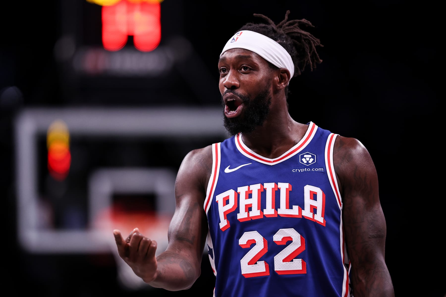 NEW YORK, NEW YORK - OCTOBER 16: Patrick Beverley #22 of the Philadelphia 76ers speaks to the Brooklyn Nets bench during the second quarter of the preseason game at Barclays Center on October 16, 2023 in New York City. NOTE TO USER: User expressly acknowledges and agrees that, by downloading and or using this photograph, User is consenting to the terms and conditions of the Getty Images License Agreement. (Photo by Dustin Satloff/Getty Images)