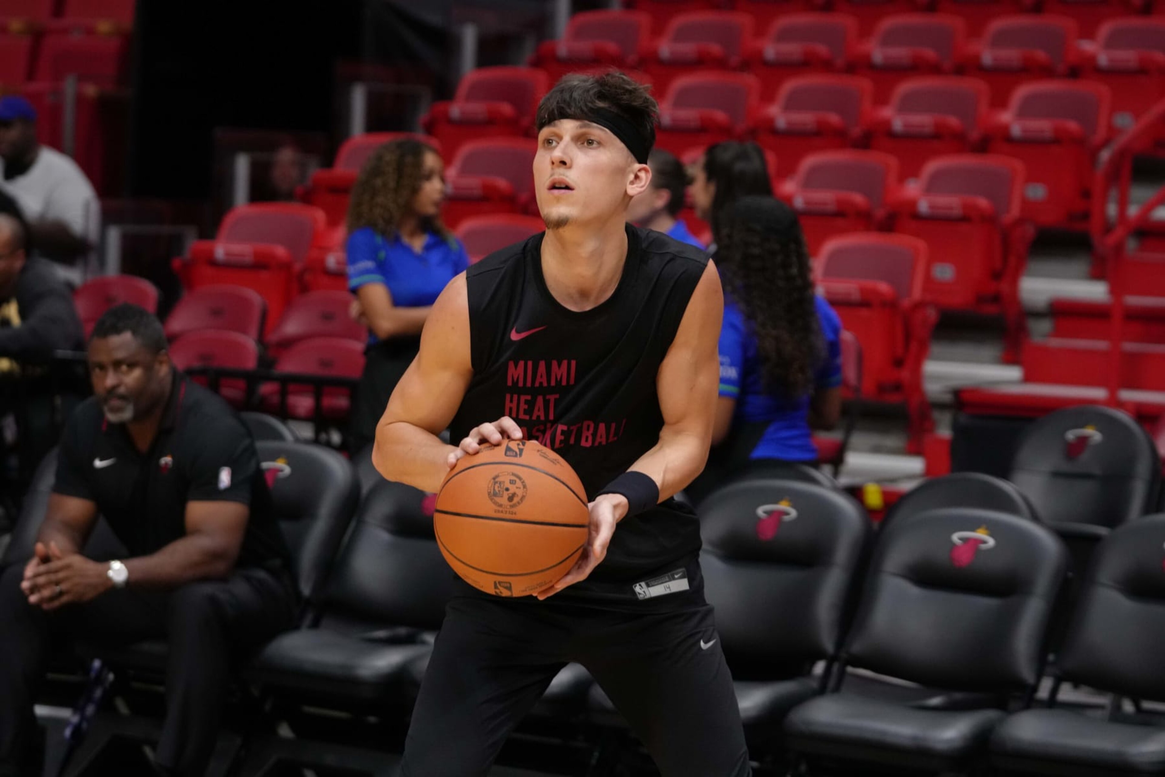 MIAMI, FL - OCTOBER 10: Tyler Herro #14 of the Miami Heat warms up before the game against the Charlotte Hornets on October 10, 2023 at Kaseya Center in Miami, Florida. NOTE TO USER: User expressly acknowledges and agrees that, by downloading and or using this Photograph, user is consenting to the terms and conditions of the Getty Images License Agreement. Mandatory Copyright Notice: Copyright 2023 NBAE (Photo by Eric Espada/NBAE via Getty Images)