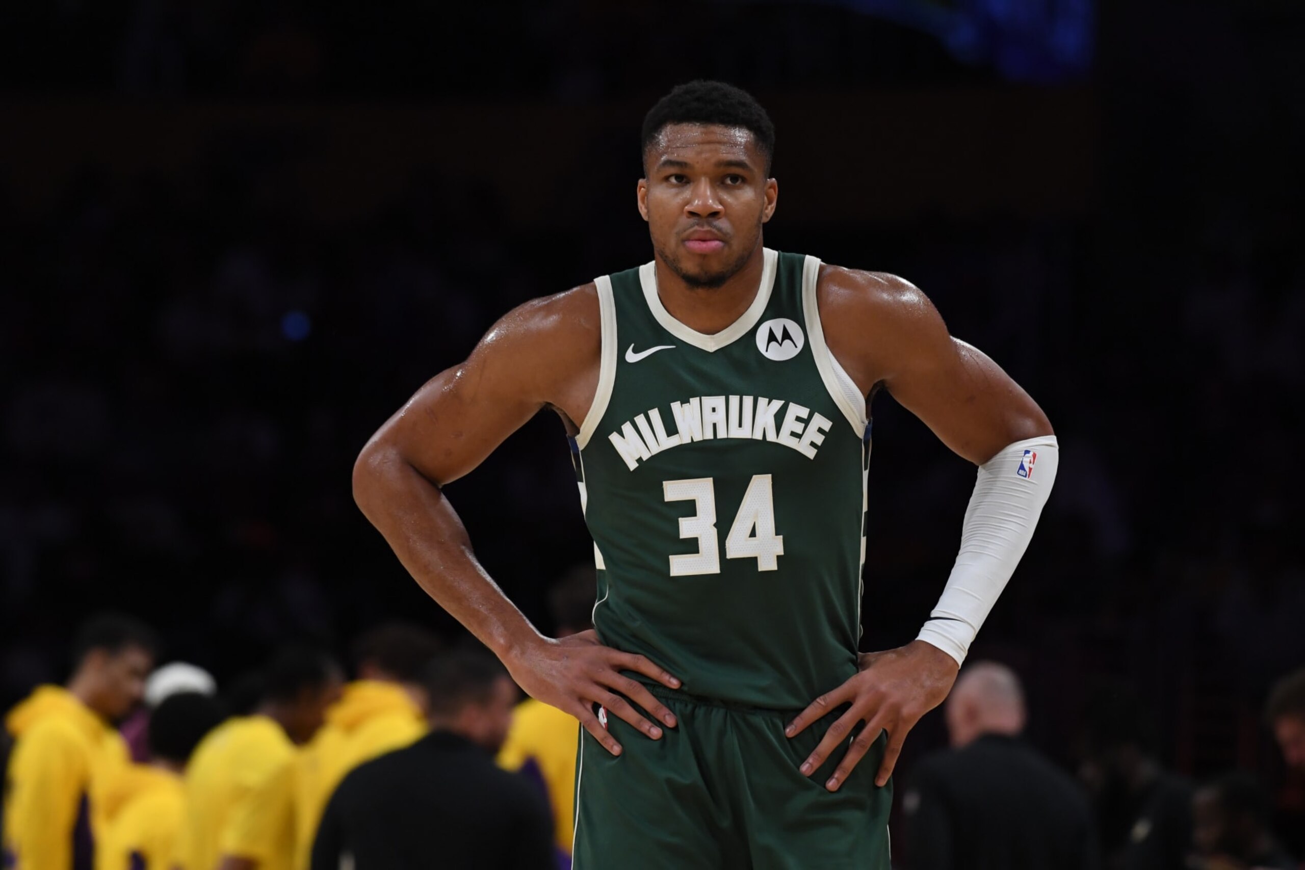 LOS ANGELES, CA - OCTOBER 15: Giannis Antetokounmpo #34 of the Milwaukee Bucks looks on during the preseason game on October 15, 2023 at Crypto.Com Arena in Los Angeles, California. NOTE TO USER: User expressly acknowledges and agrees that, by downloading and/or using this Photograph, user is consenting to the terms and conditions of the Getty Images License Agreement. Mandatory Copyright Notice: Copyright 2023 NBAE (Photo by Juan Ocampo/NBAE via Getty Images)