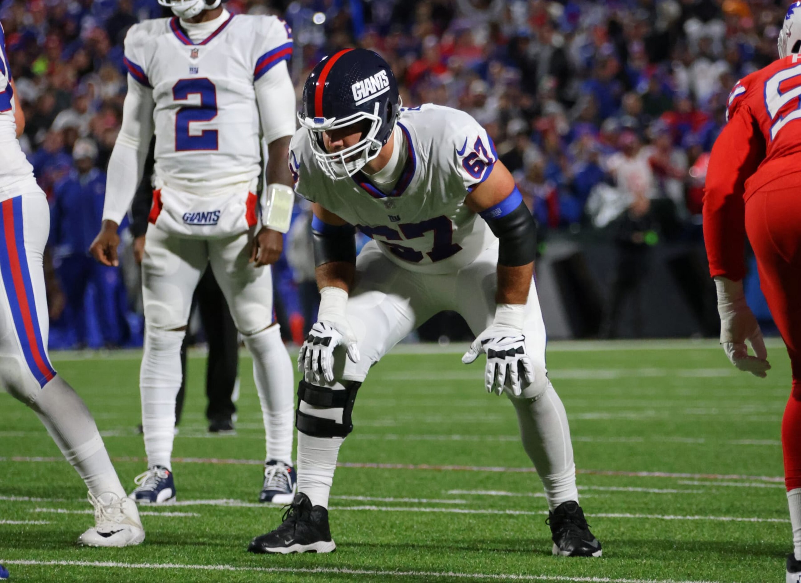 ORCHARD PARK, NEW YORK - OCTOBER 15: Justin Pugh #67 of the New York Giants on the field against the Buffalo Bills at Highmark Stadium on October 15, 2023 in Orchard Park, New York. (Photo by Timothy T Ludwig/Getty Images)
