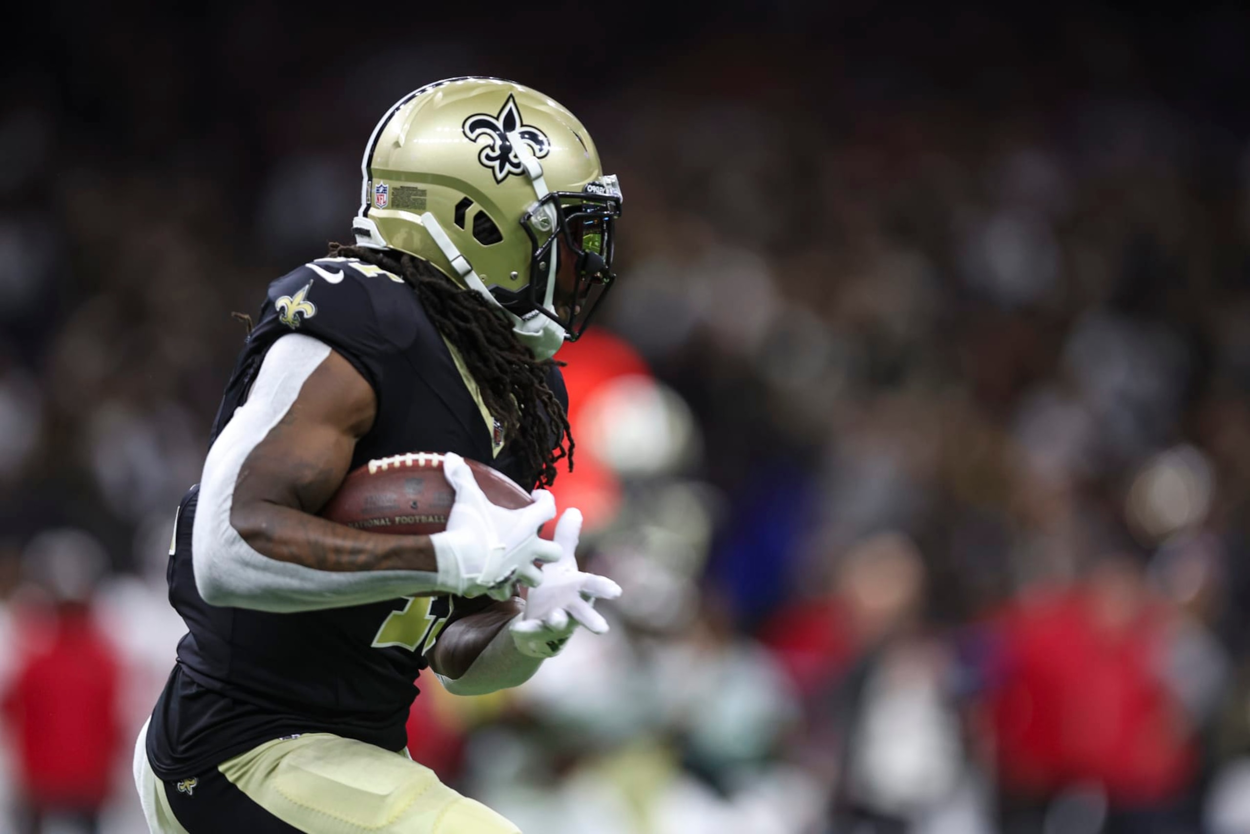NEW ORLEANS, LA - OCTOBER 01: Alvin Kamara #41 of the New Orleans Saints runs the ball during an NFL football game against the Tampa Bay Buccaneers at Caesars Superdome on October 1, 2023 in New Orleans, Louisiana. (Photo by Perry Knotts/Getty Images)