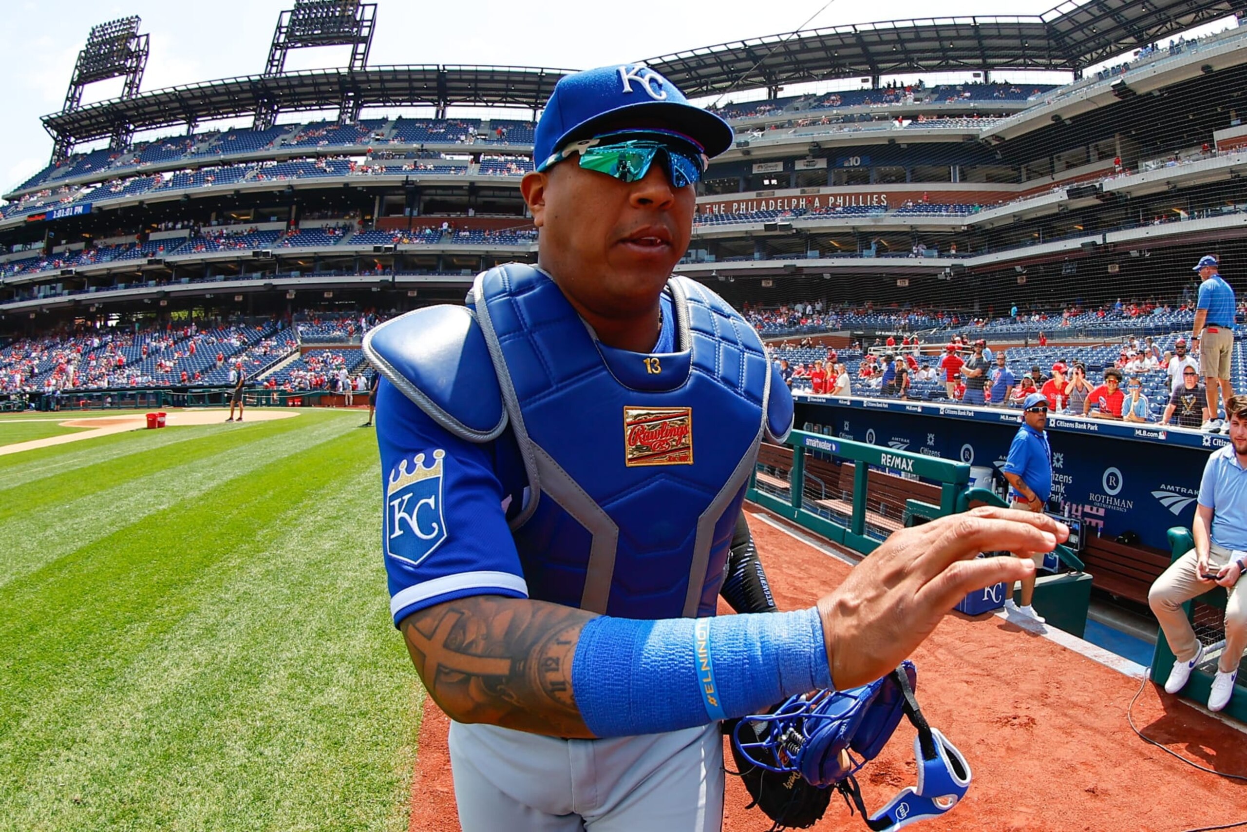 PHILADELPHIA, PA - AUGUST 06:  Salvador Perez #13 of the Kansas City Royals enters the field prior to  the game against the Philadelphia Phillies on August 6, 2023 at Citizens Bank Park in Philadelphia, Pennsylvania.  (Photo by Rich Graessle/Icon Sportswire via Getty Images)