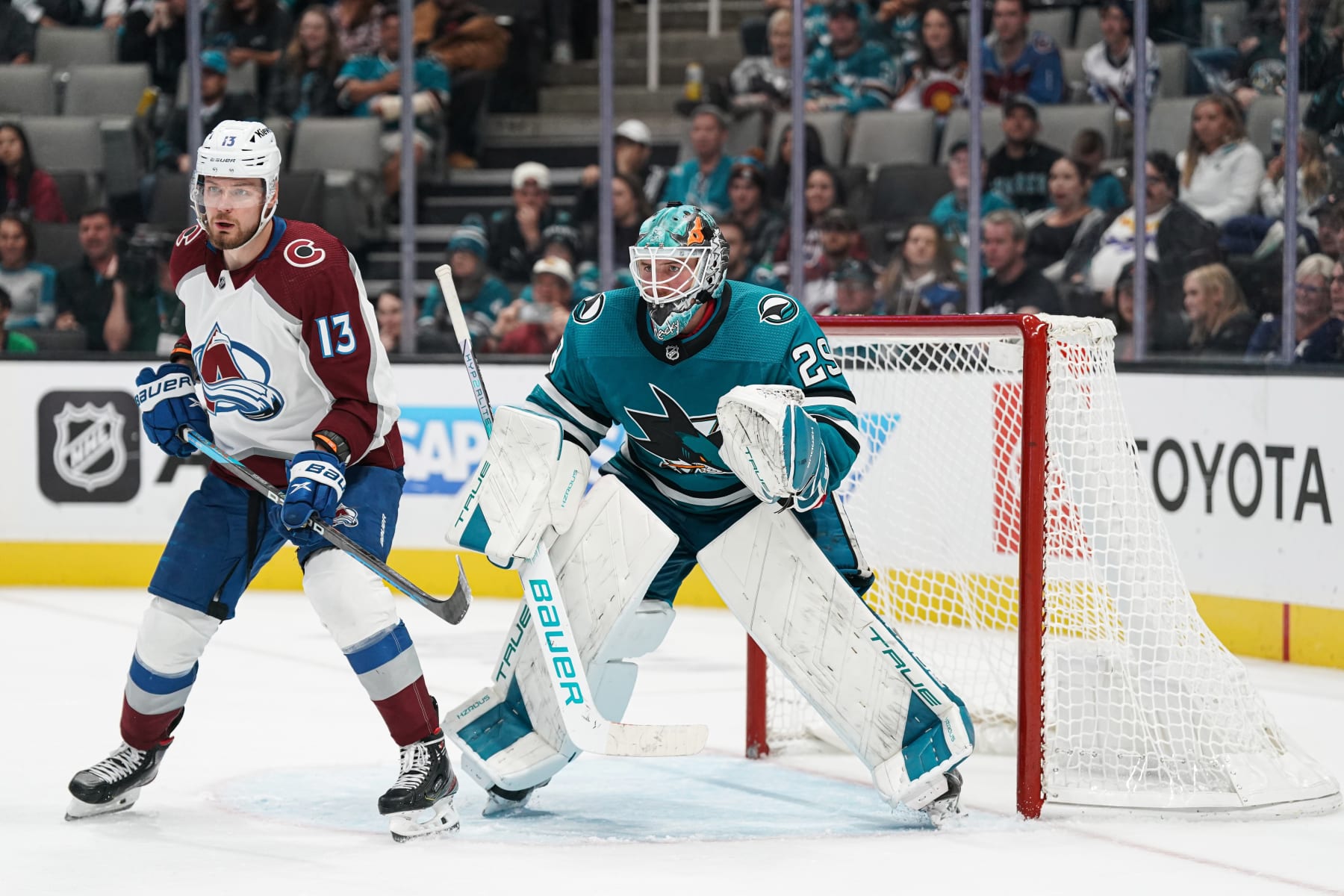 SAN JOSE, CA - OCTOBER 14: Mackenzie Blackwood #29 of the San Jose Sharks waits for the puck in the third period against Valeri Nichushkin #13 of the Colorado Avalanche at SAP Center on October 14, 2023 in San Jose, California. (Photo by Kavin Mistry/NHLI via Getty Images)